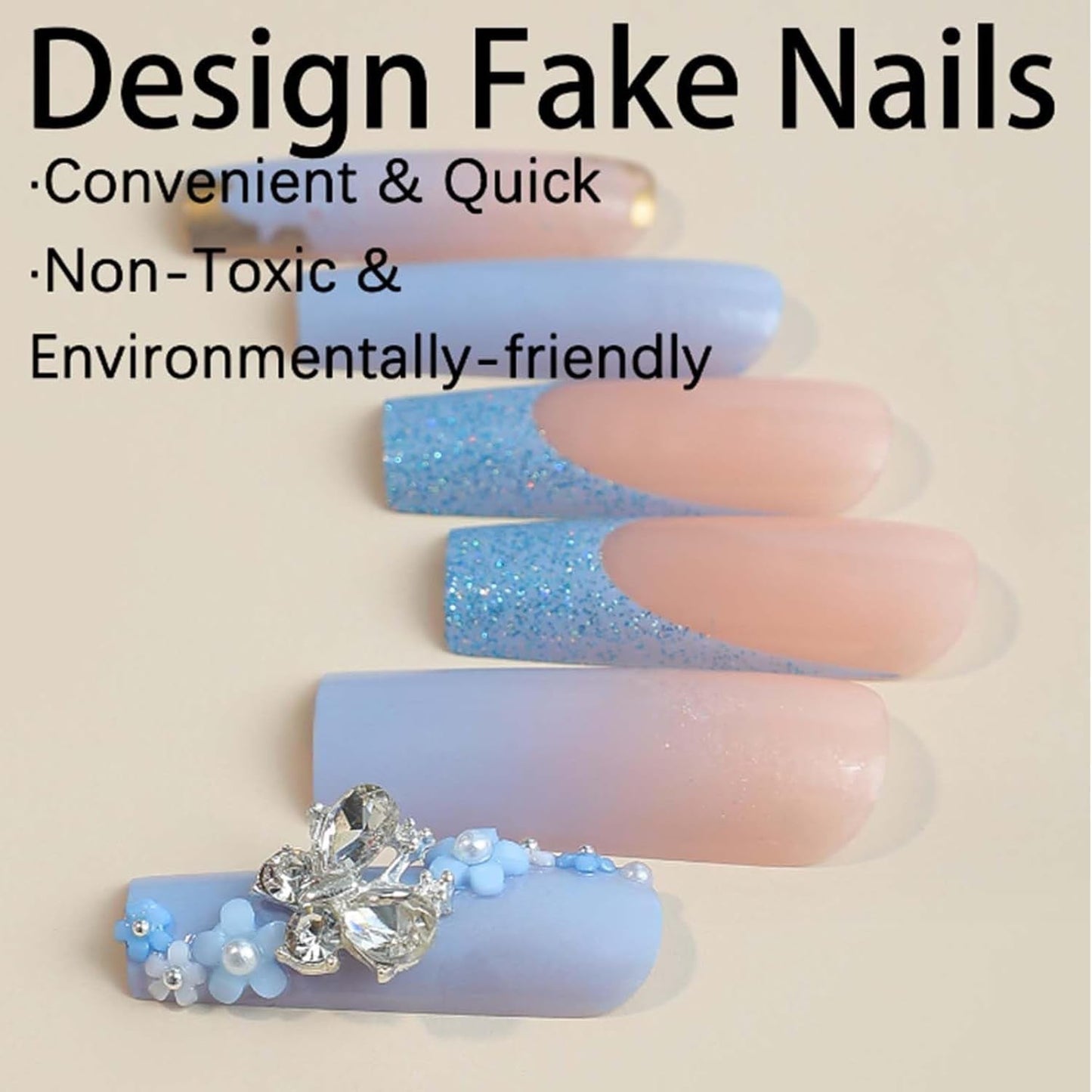 24 Stück Schmetterlingsblaue künstliche Nägel, quadratisch, zum Aufdrücken, französische lange, glitzernde, glitzernde Strass-Falschnagelspitzen
