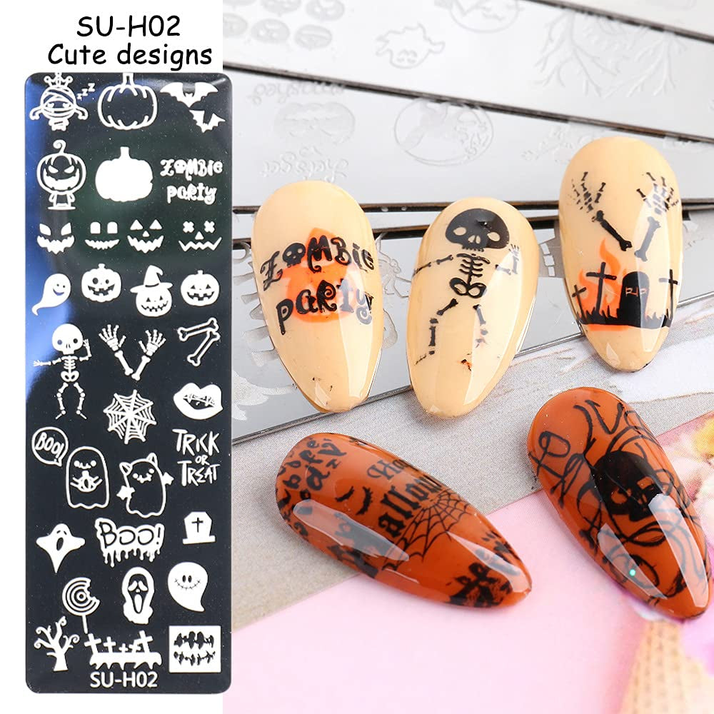JMEOWIO Nail Stamping Schablonen Halloween 6 Stück Nagelstempel Schablonen Nail Art Dekoration Nageldesign Zubehör Böse Gruselige Kürbis-Geisterhexe