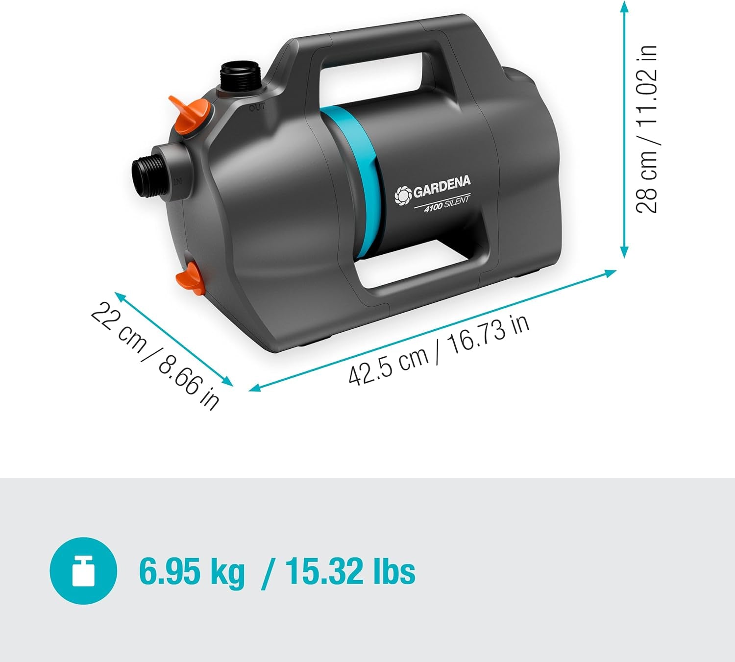 Gardena 4100 Silent Gartenpumpen-Set: Sehr leise und innovative Bewässerungspumpe mit 3,5 m Sauganschluss und 20 m klassischem Schlauch, 4100 l/h Durchfluss, 550 W Motor, wasserdicht, sparsam (9051-20)