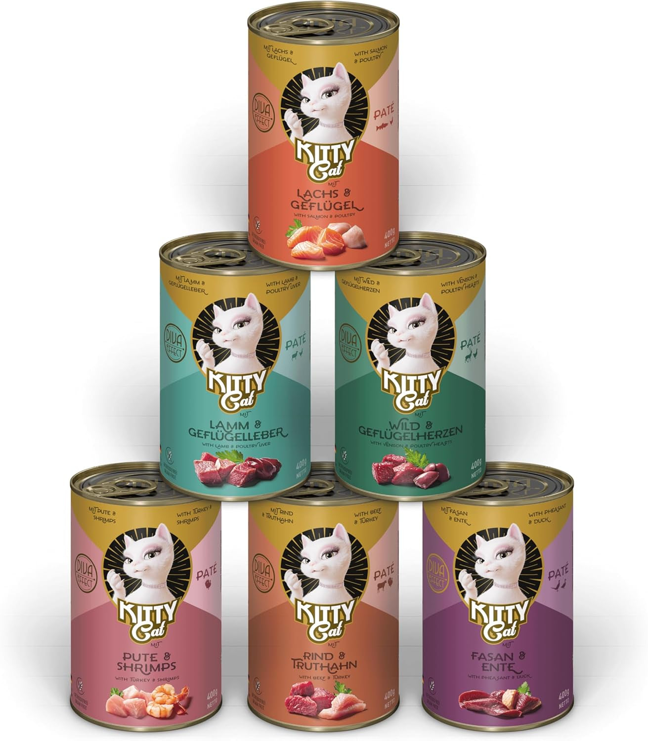 KITTY Cat Paté Mix 2, 6 x 400g, Nassfutter für Katzen im Probierpaket, getreidefreies Futter mit Taurin, Lachsöl und Grünlippmuscheln, Alleinfuttermittel mit hohem Fleischanteil, hergestellt in Deutschland