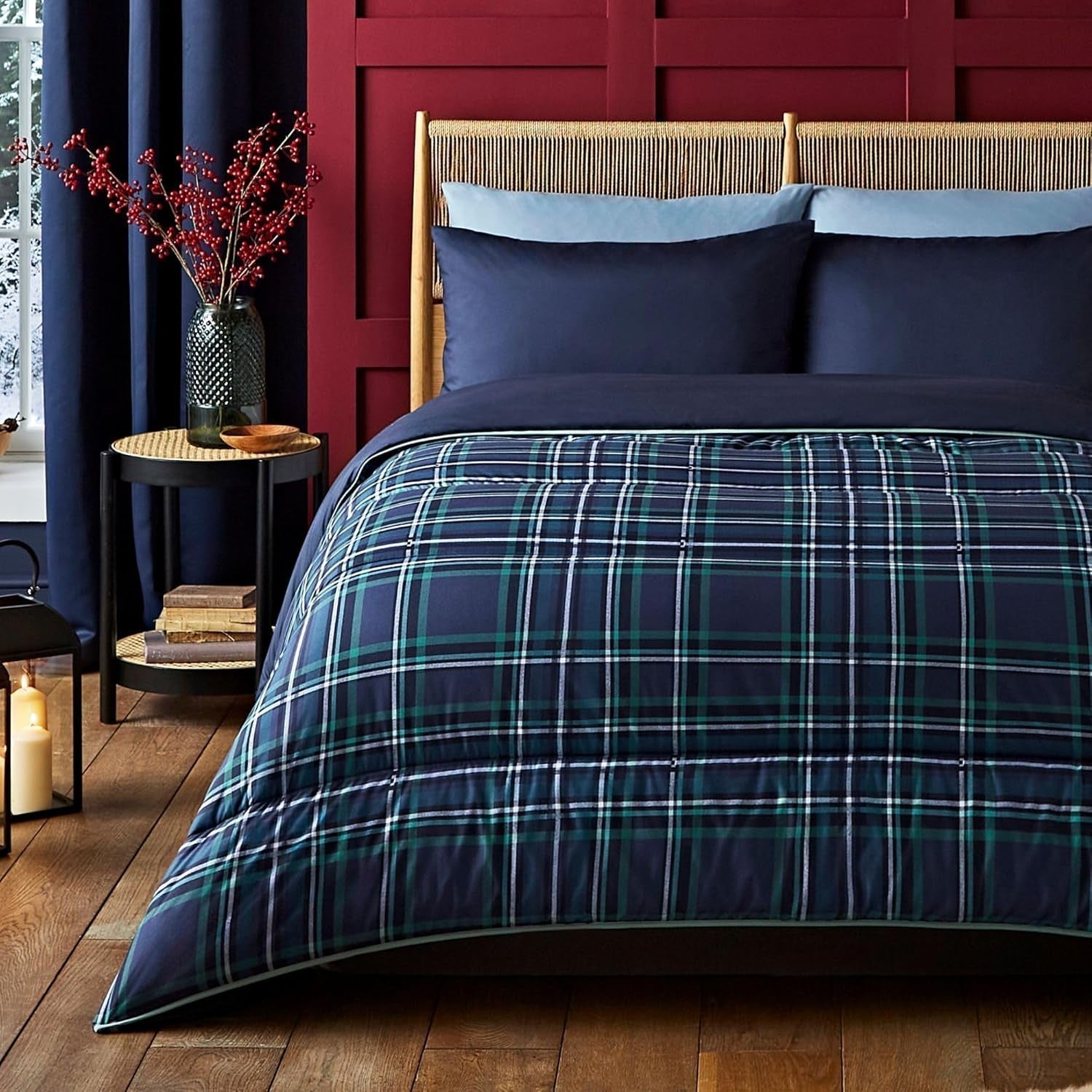 Night Lark Bettdecken- und Kissenbezug-Set, 10,5 Tog, Einzelbett, klassisches rotes Schottenkaro, luxuriöse Bettwäsche, hypoallergen, maschinenwaschbar, Naty Shop, klassische marineblaue Schottenkaro-Bettdecken und Bettdecken, Einzelbett