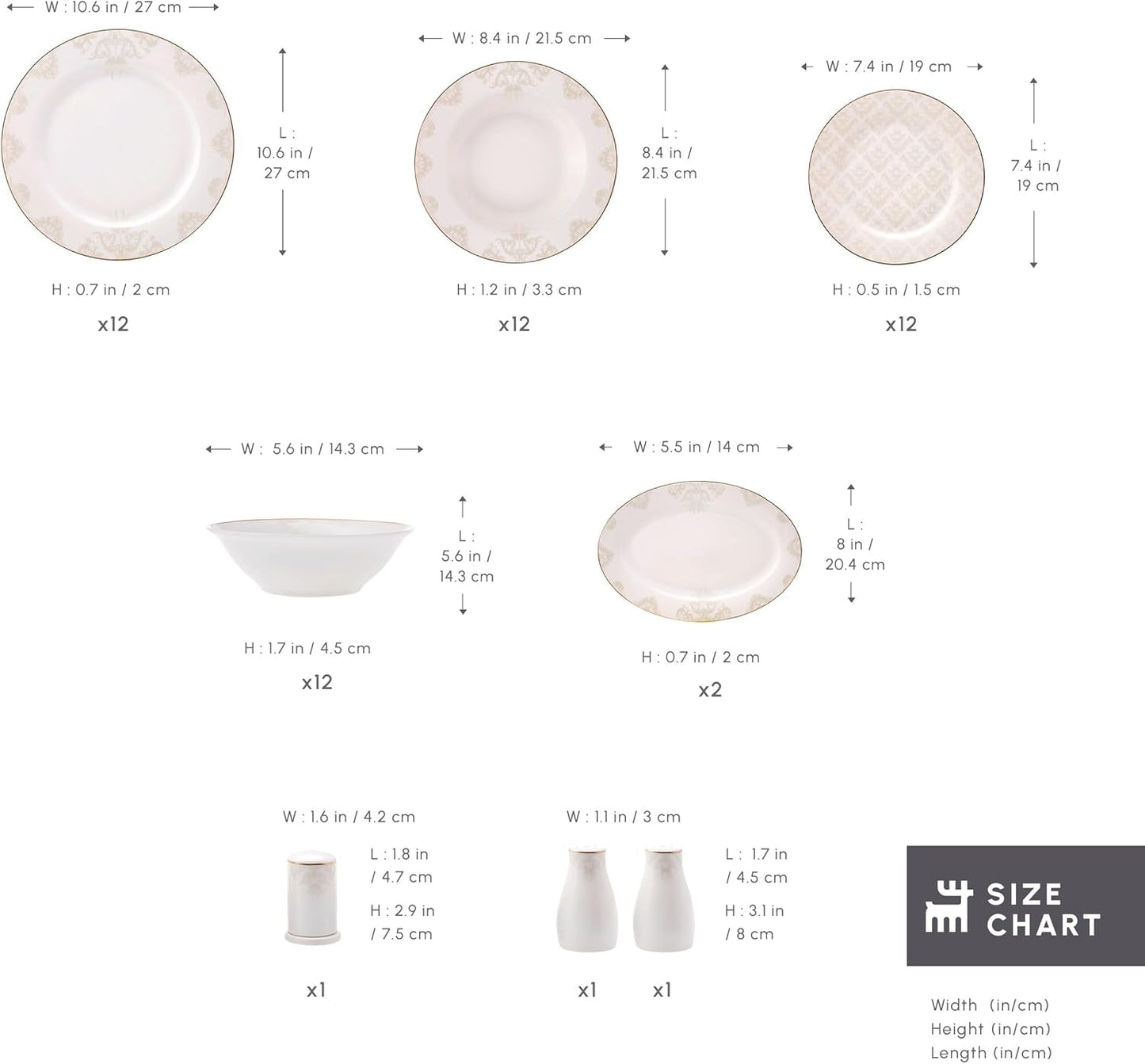 Karaca Elegance Bone Siena Geschirrset für 12 Personen, modernes Porzellangeschirrset, Geschirrset mit Suppenschüsseln, Servierplatte, tiefen Tellern, Desserttellern – Weiß und Gold