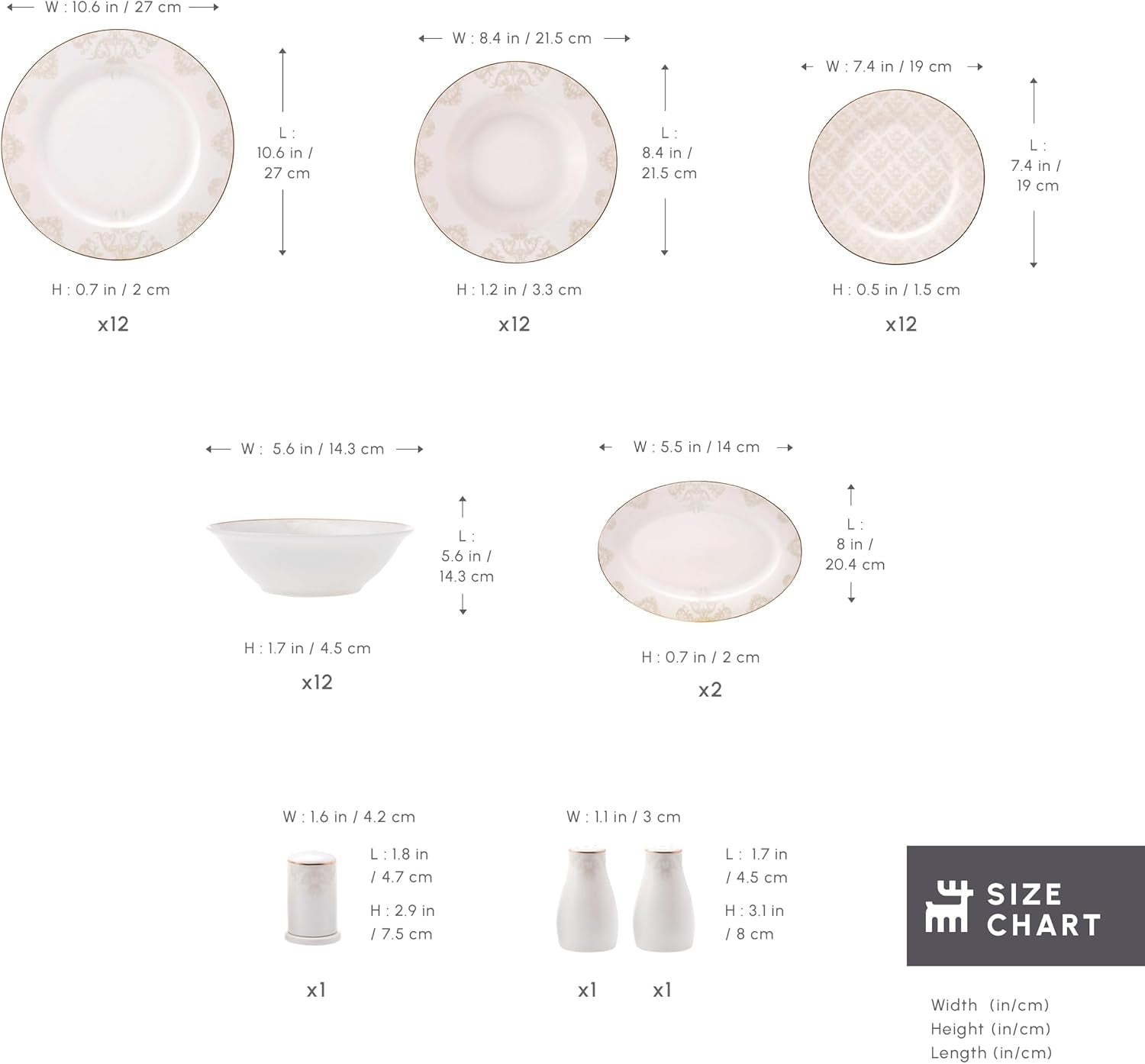 Karaca Elegance Bone Siena Geschirrset für 12 Personen, modernes Porzellangeschirrset, Geschirrset mit Suppenschüsseln, Servierplatte, tiefen Tellern, Desserttellern – Weiß und Gold