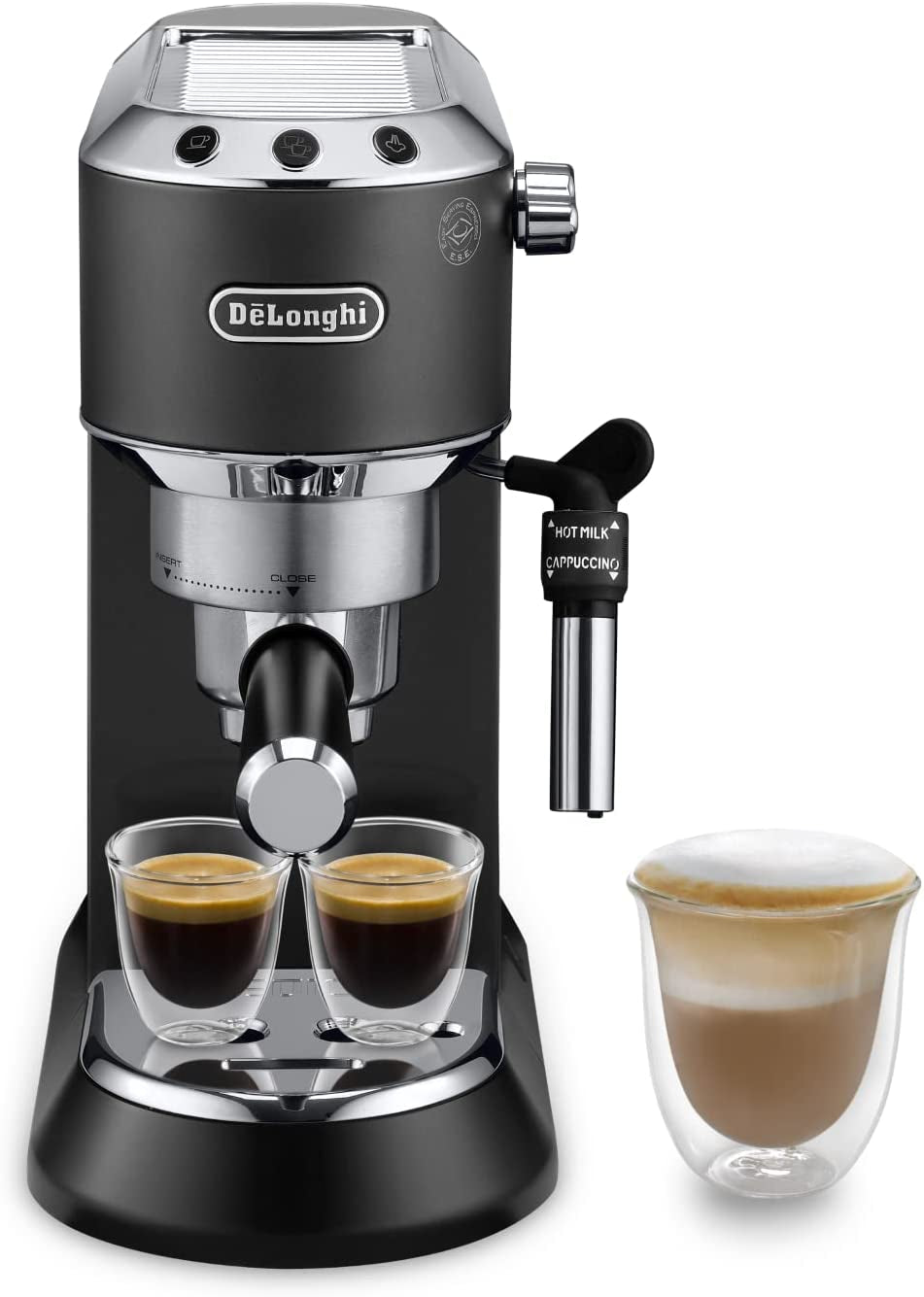 De'Longhi Dedica Style EC 685.B – Espressomaschine mit Siebträger, Espressomaschine mit professionellem Milchaufschäumer, nur 15 cm breit, für gemahlenen Kaffee oder ESE-Kapseln, 1 l Wassertank, schwarz