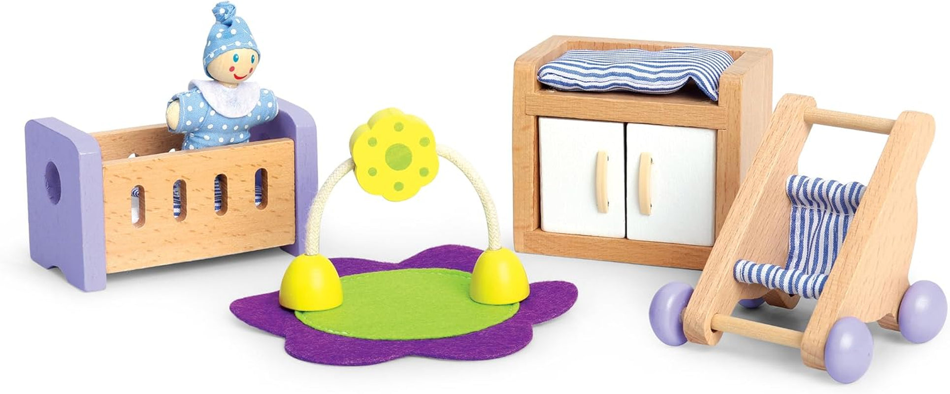 Hape Babyzimmer – Puppenzimmer-Set aus Holz, Babypuppenmöbel, Puppenhauszubehör für Kleinkinder, Miniatur-Babyzimmer mit Schaukel und Zubehör, Rollenspiel für 3-Jährige