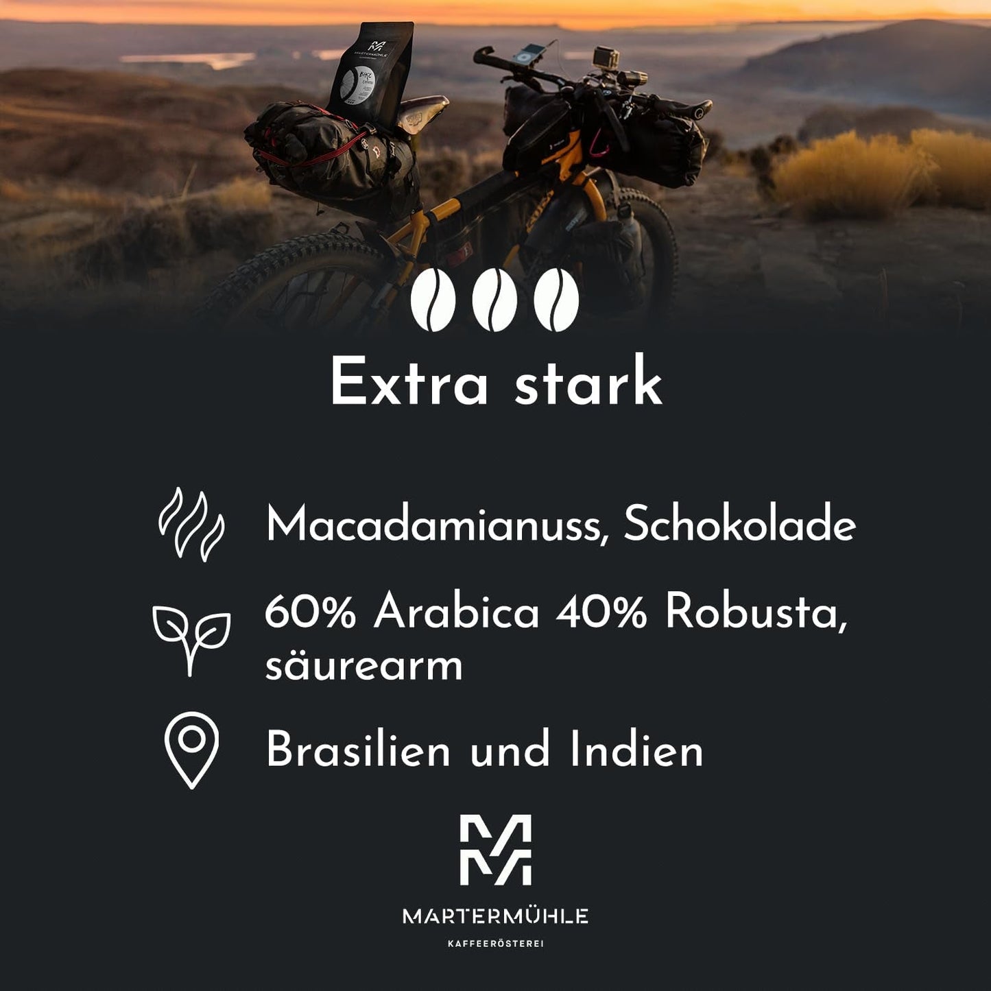 Espressobohnen Martermühle Bike 500g Stark | Arabica/Robusta | Geschmacksrichtungen: Macadamianüsse, Milchschokolade | Hell geröstete ganze Espressobohnen, geringer Säuregehalt