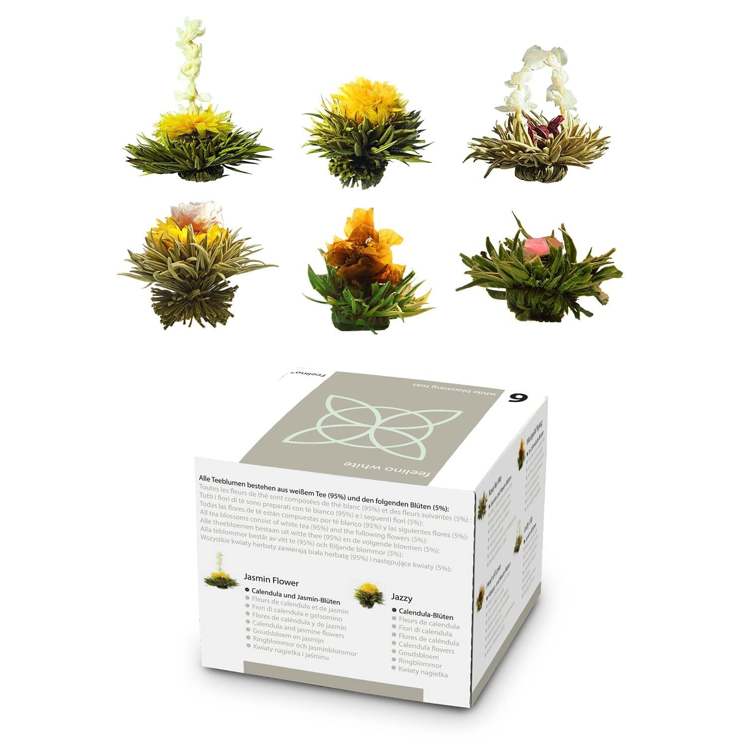 Elegante 6er-Mischbox von Feelino – Weiße Teeblüten von Feelino in einer wunderschönen Probier- und Geschenkbox mit 6 verschiedenen weißen Teerosen, einzeln vakuumverpackt, 1er-Packung