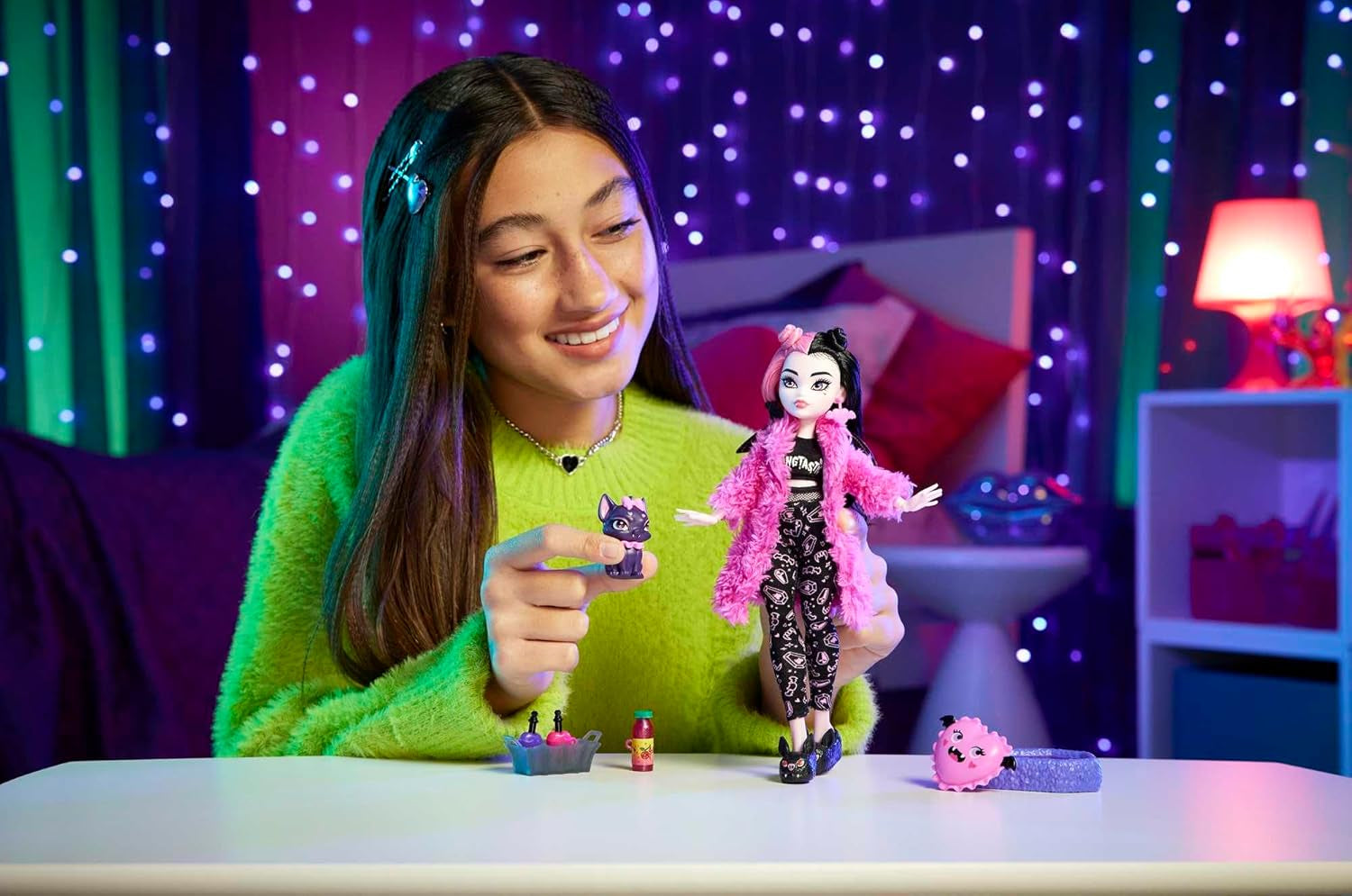 Partyzubehör für MONSTER HIGH-Puppe und Pyjama, Draculaura, Fledermauszählung, fabelhafte Puppe, Haustier-Creepover-Party, HPY66, Naty Shop-Puppen