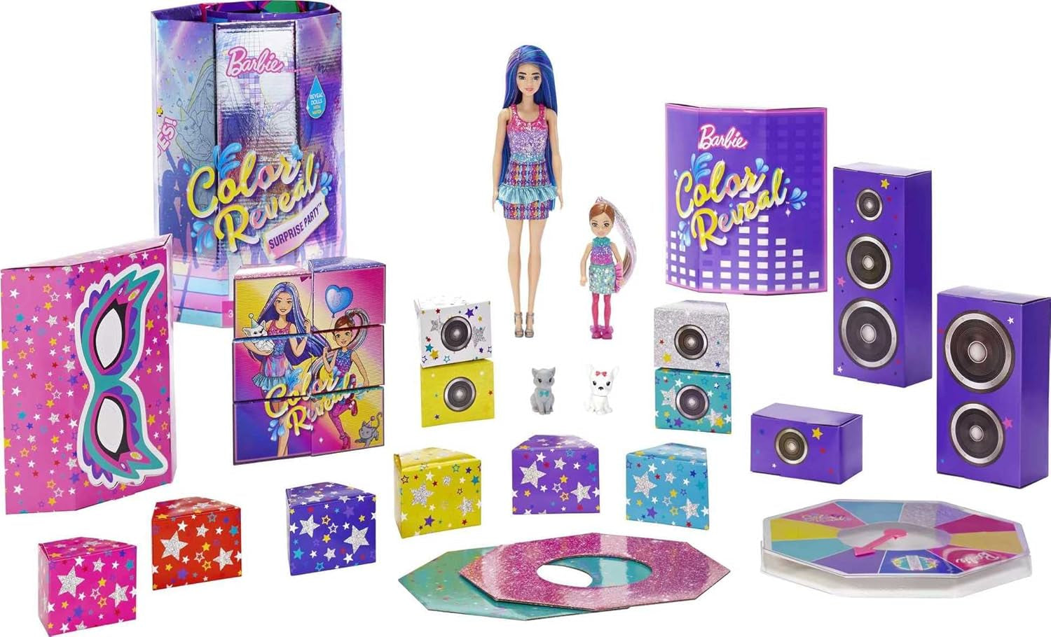 Barbie GXJ88 – Color Reveal Surprise Party, +50 Überraschungen: 1 Puppe, 1 Chelsea-Puppe, 2 Tiere, 6 Farbwechsel, Zubehör und mehr, Tanzparty-Set, Spielzeuggeschenk für Kinder ab 3 Jahren