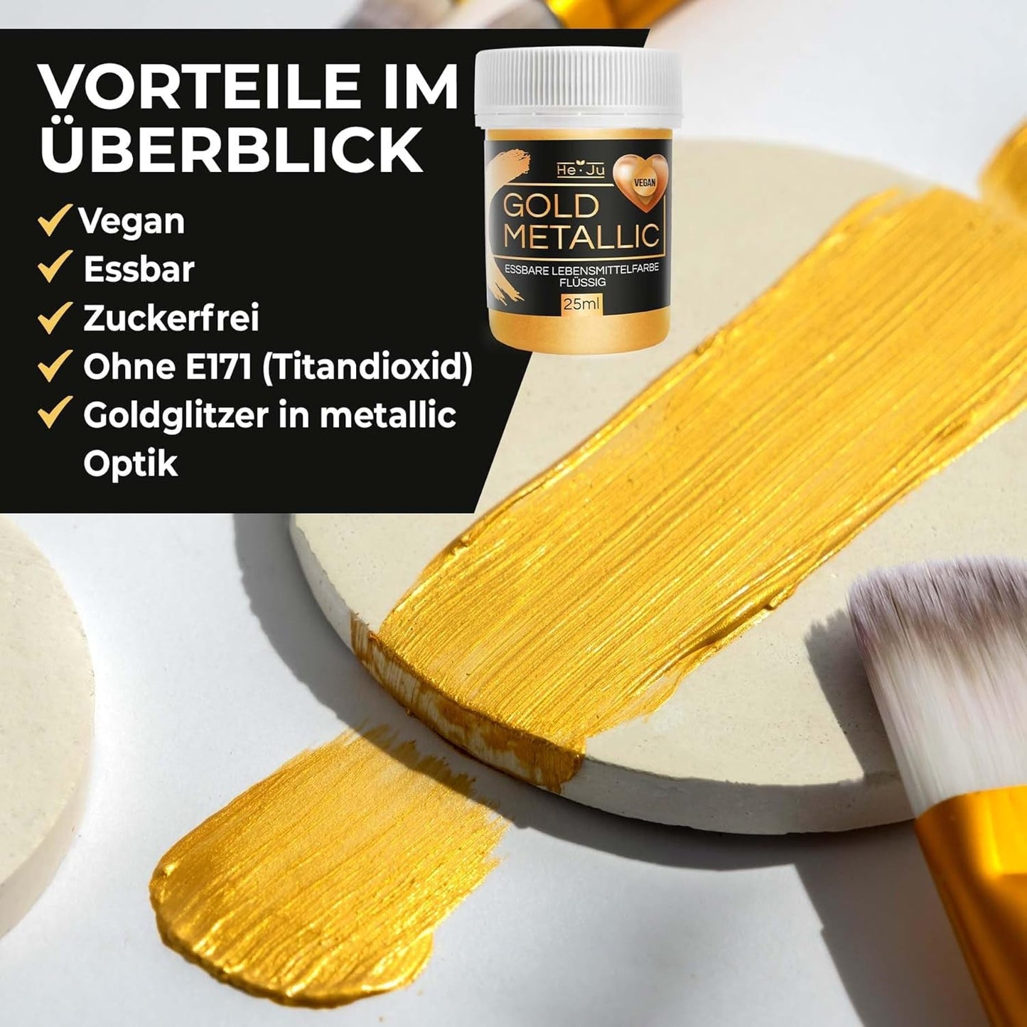 He-Ju Metallic Gold Flüssige Lebensmittelfarbe 25 ml, essbarer Glitzer für Getränke und Lebensmittel (Metallic Gold, 25 ml)