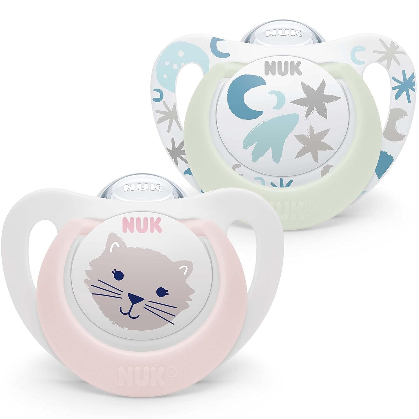 NUK Star Night & Day Baby-Schnuller 0–6 Monate, leuchtet im Dunkeln, BPA-freies Silikon, rosa Katze, 2er-Pack