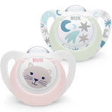 NUK Star Night & Day Baby-Schnuller 0–6 Monate, leuchtet im Dunkeln, BPA-freies Silikon, rosa Katze, 2er-Pack