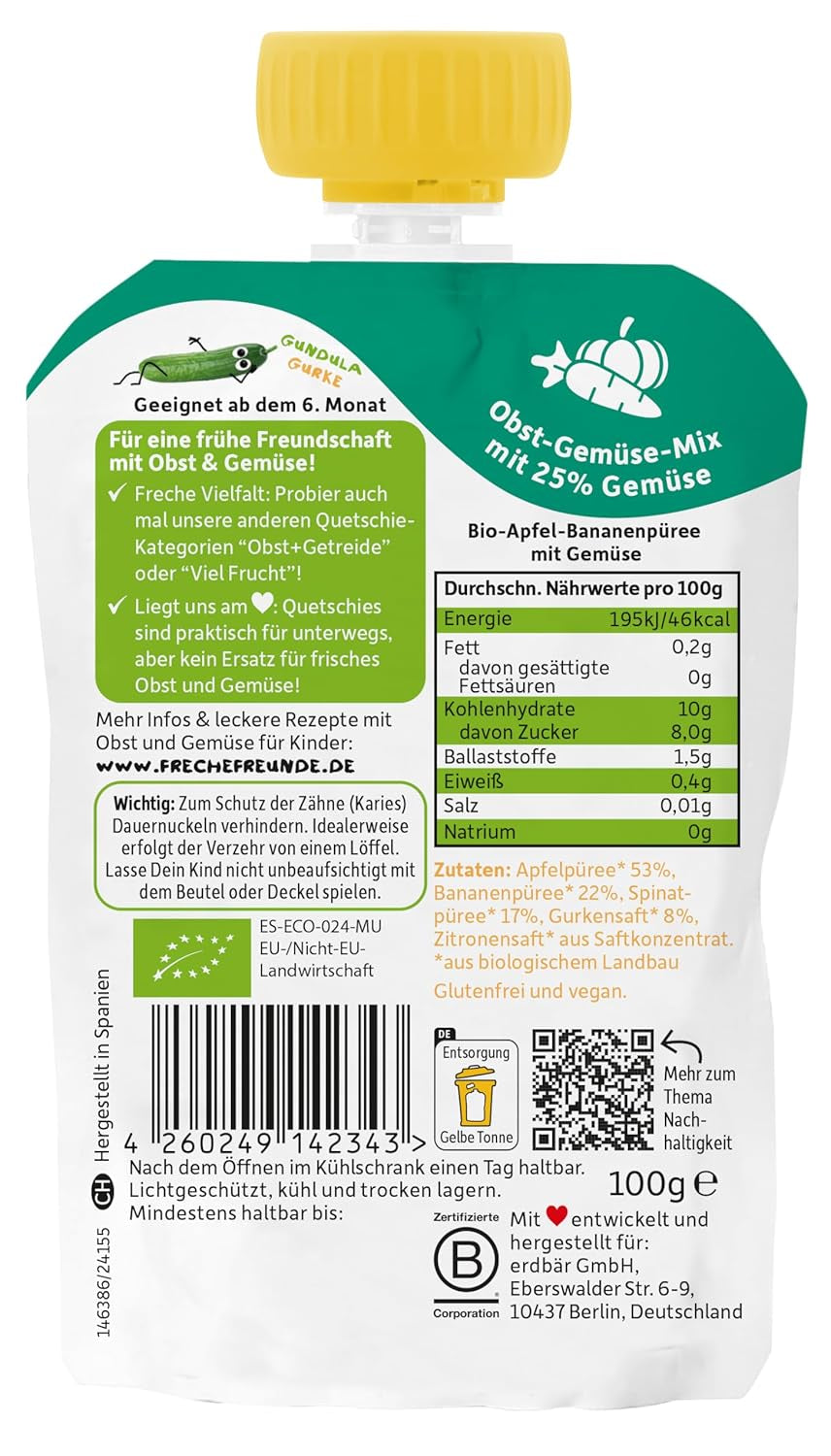 FRECHE FREUNDE Bio-Quetsch-Früchtebeutel mit Äpfeln, Bananen, Spinat und Gurke, püriertes Obst und Gemüse im Quetschbeutel für Babys ab 6 Monaten, vegan, 6er-Pack (6 x 100 g)