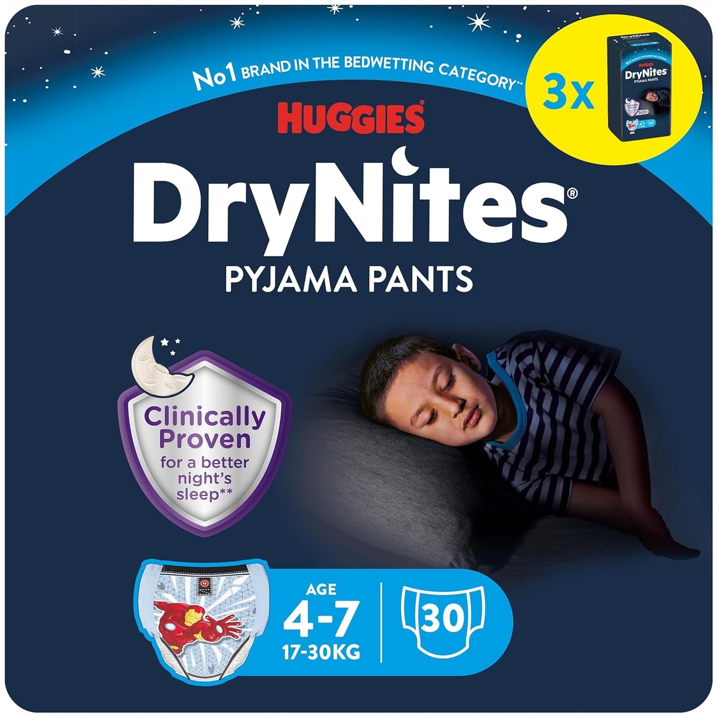 DryNites saugfähige Bettnässerwindeln für Jungen von 4–7 Jahren (17–30 kg), Jumbo-Monatspackung, 64 Stück