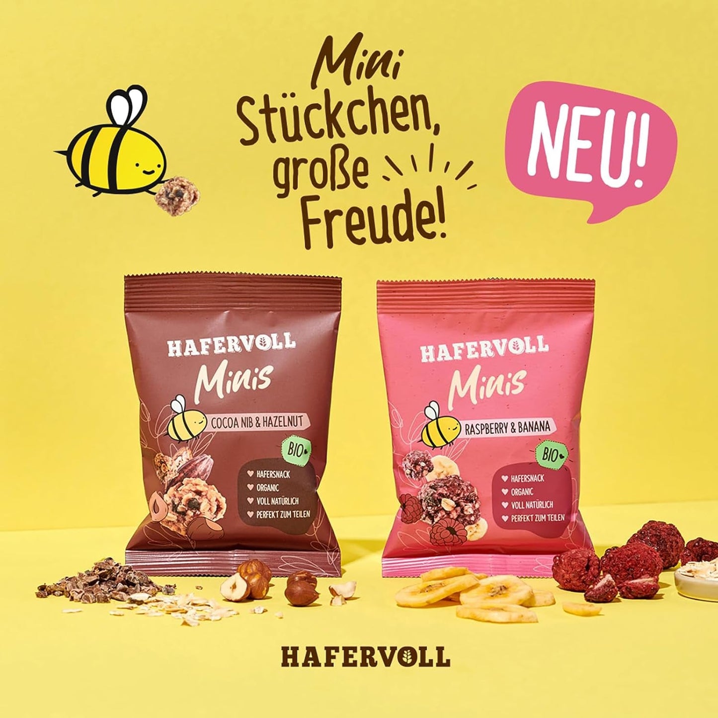 HAFERVOLL Minis Raps und Banane 8x 65g - Bio-zertifiziert, mit Honig, ohne Zuckerzusatz, perfekt zum Teilen