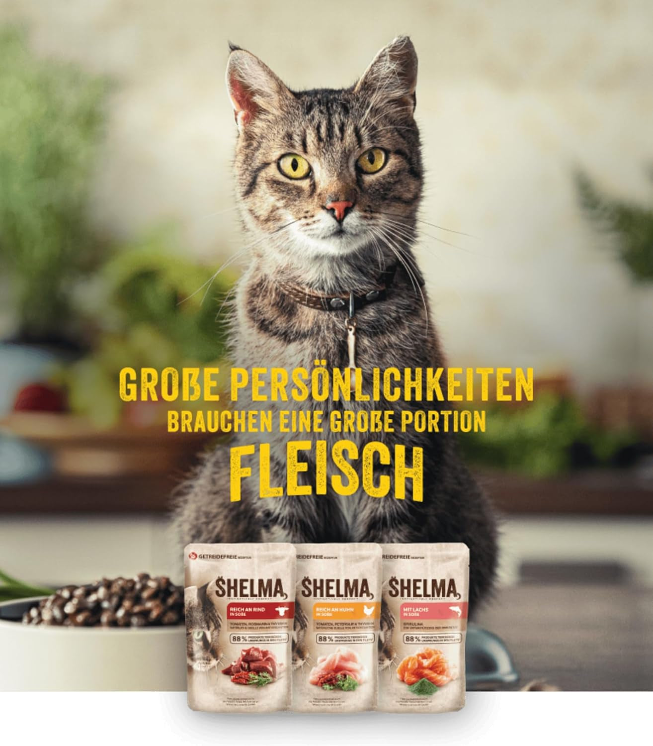 Shelma Nassfutter für Katzen mit Huhn in Tomaten-Kräuter-Sauce – getreidefreies Vollfutter mit hohem Fleischanteil – 28 x 85 g (2,38 kg)
