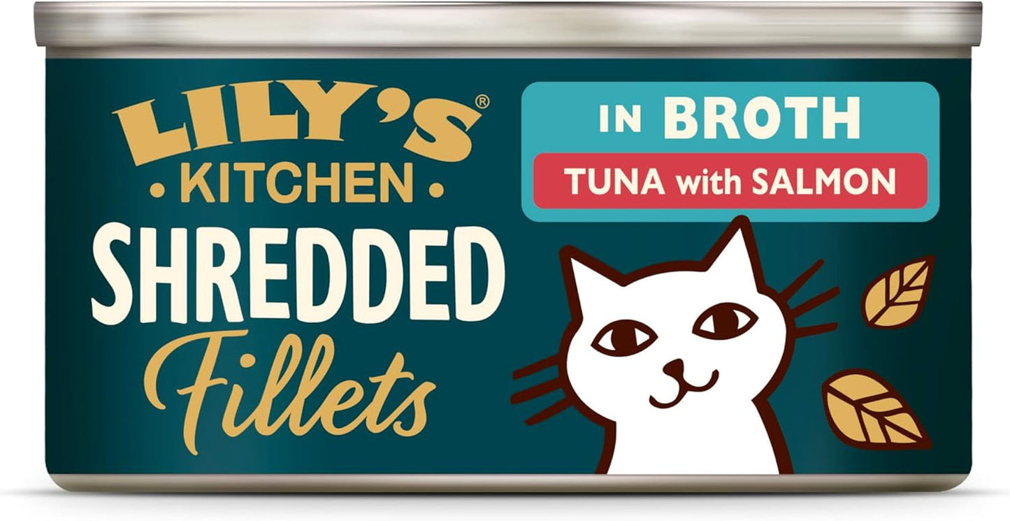 Gehackte Filets in Brühe mit Thunfisch und Lachs, zubereitet mit natürlichen Zutaten, Lily's Kitchen, Nassfutter für ausgewachsene Katzen, 70g-Box