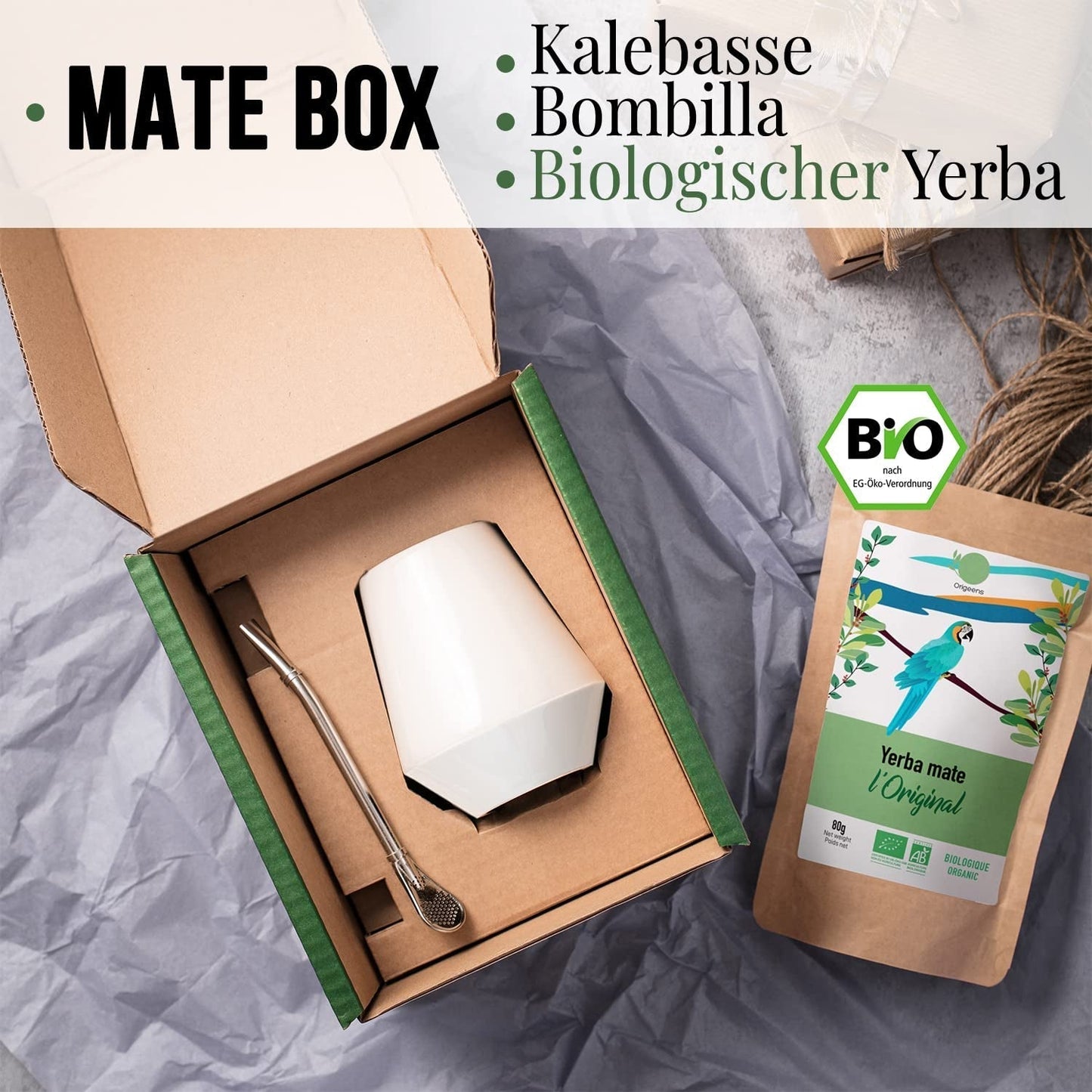 ORIGEENS MATE-TEE-SET Mit portugiesischer Mate-Tasse, Bombilla und BIO-Yerba-Mate-Tee – Originelles Geschenkset