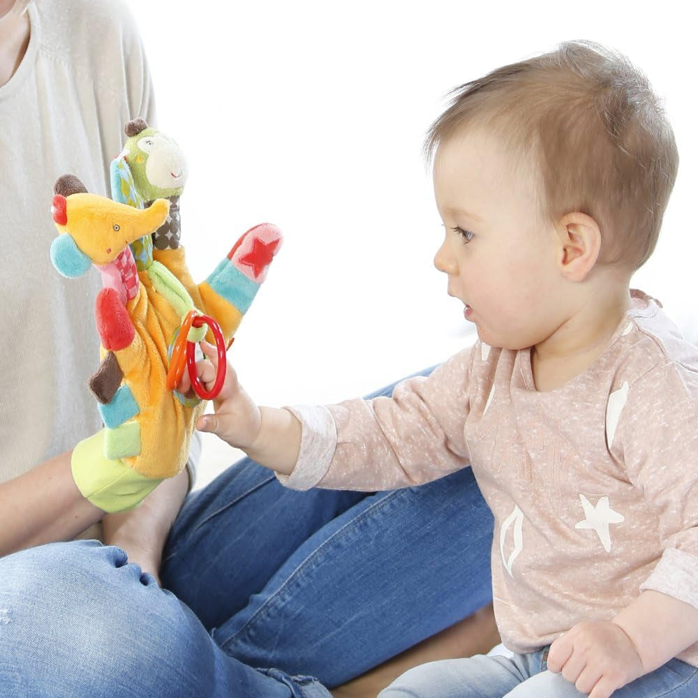 Fehn Spielhandschuh Safari – Affen- und Elefantenbaby-Fingerpuppen & Einhorn-Babyglockensocken – Babysocken mit Klingelfunktion und Einhornkopf – stimulieren Motorik und Sinne Bebe Toys Naty Shop