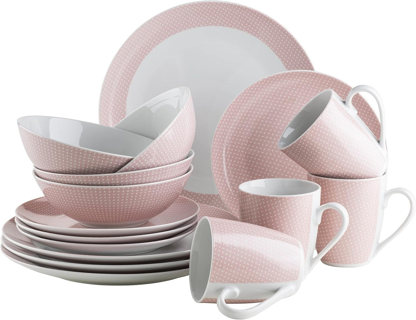 MÄSER Kitchen Time II, Tafelservice für 4 Personen, Kombiservice mit 16 Teilen in Pastellfarben mit dezentem Muster, Porzellan, Rosa