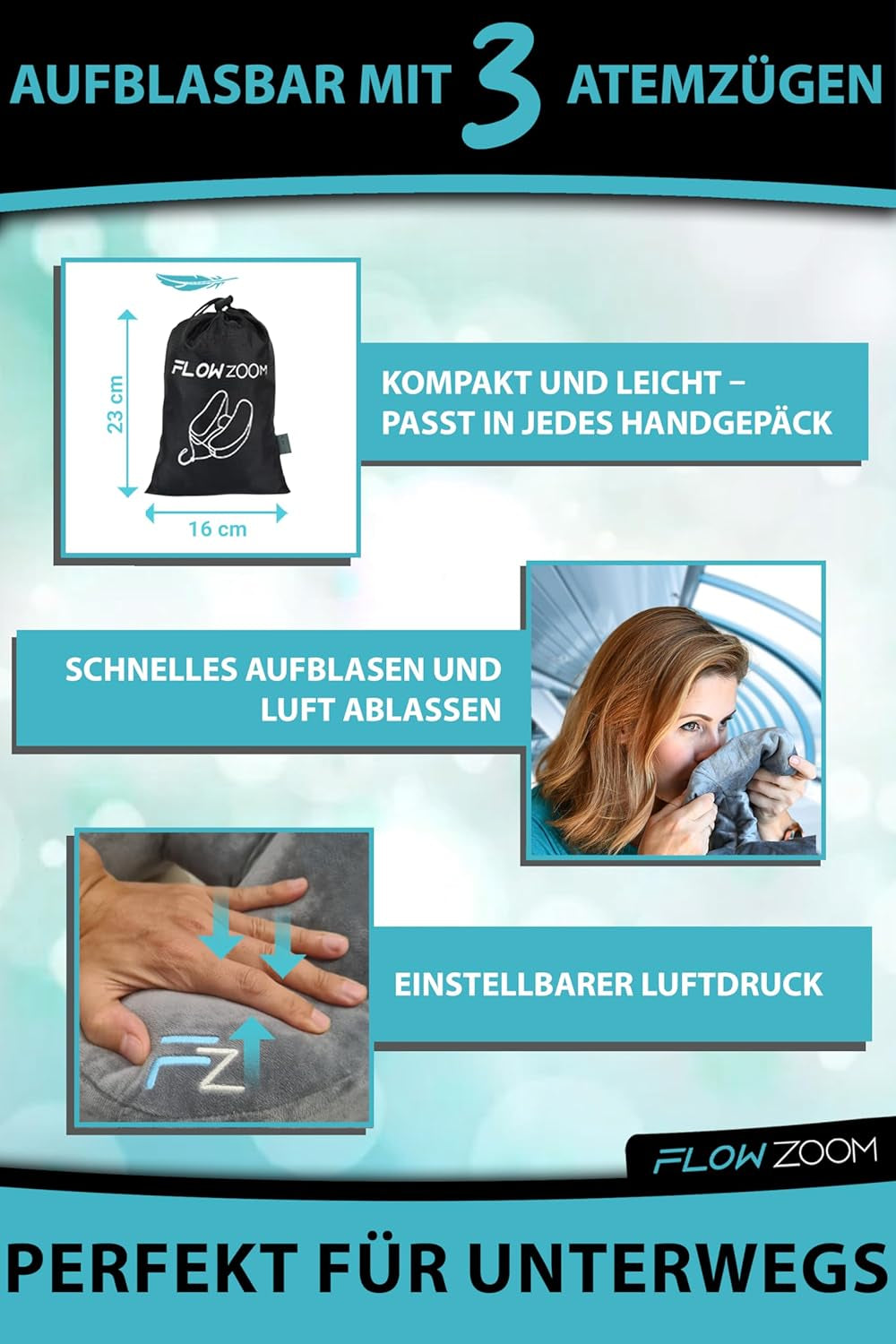FLOWZOOM AIR Aufblasbares Nackenkissen mit Kapuze – Flugzeug-Nackenkissen – Reisekissen – schnell aufblasbares Reise-Nackenkissen – Flugzeugkissen – Reisekissen – Nackenkissen für Erwachsene (grau). Zervikale orthopädische Kissen von Naty Shop