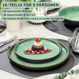 SÄNGER Greenwich | Steinzeug-Geschirrset, 18-teilig, Tellerset für 6 Personen, Geschirrset (6 Speiseteller, 6 Dessertteller, 6 Schüsseln), grün, kratzfest, Essgeschirr | DIE VALUE-KOLLEKTION