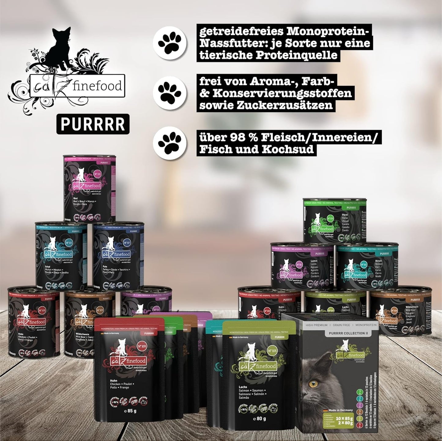 Catz Finefood Purrrr Collection I – Monoprotein-Nassfutter für Katzen – getreidefrei, zuckerfrei, hypoallergen – hoher Fleischanteil – Nassfutter für Katzen im Multipack – in Beuteln, 85 g (12 Packungen)