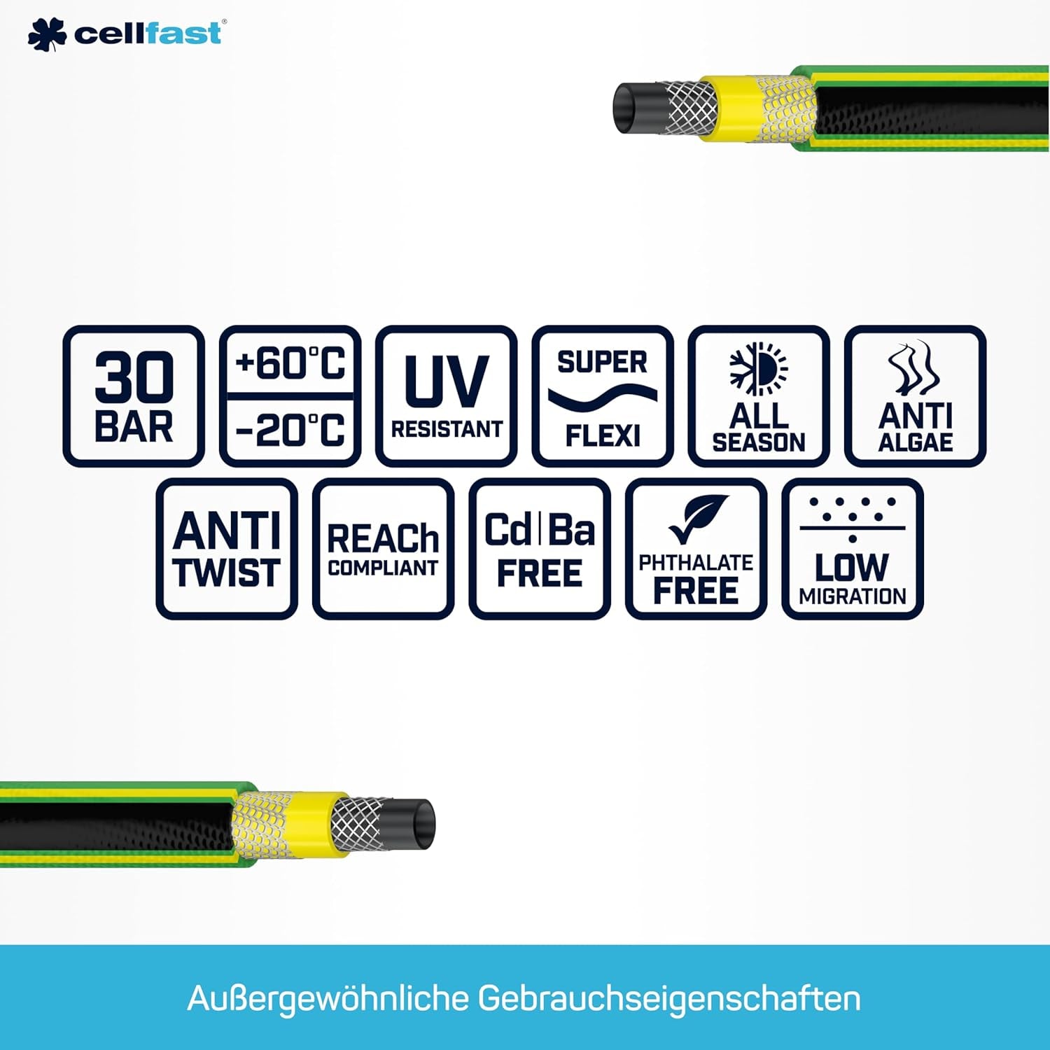 CELLFAST Gartenschlauch, 5-lagiger Wasserschlauch, doppelt geflochten, grenzüberschreitender Bewässerungsschlauch, UV-beständig, Anti-Algen, flexibel, 30 bar, 3,4 Zoll, 50 Meter, Grün