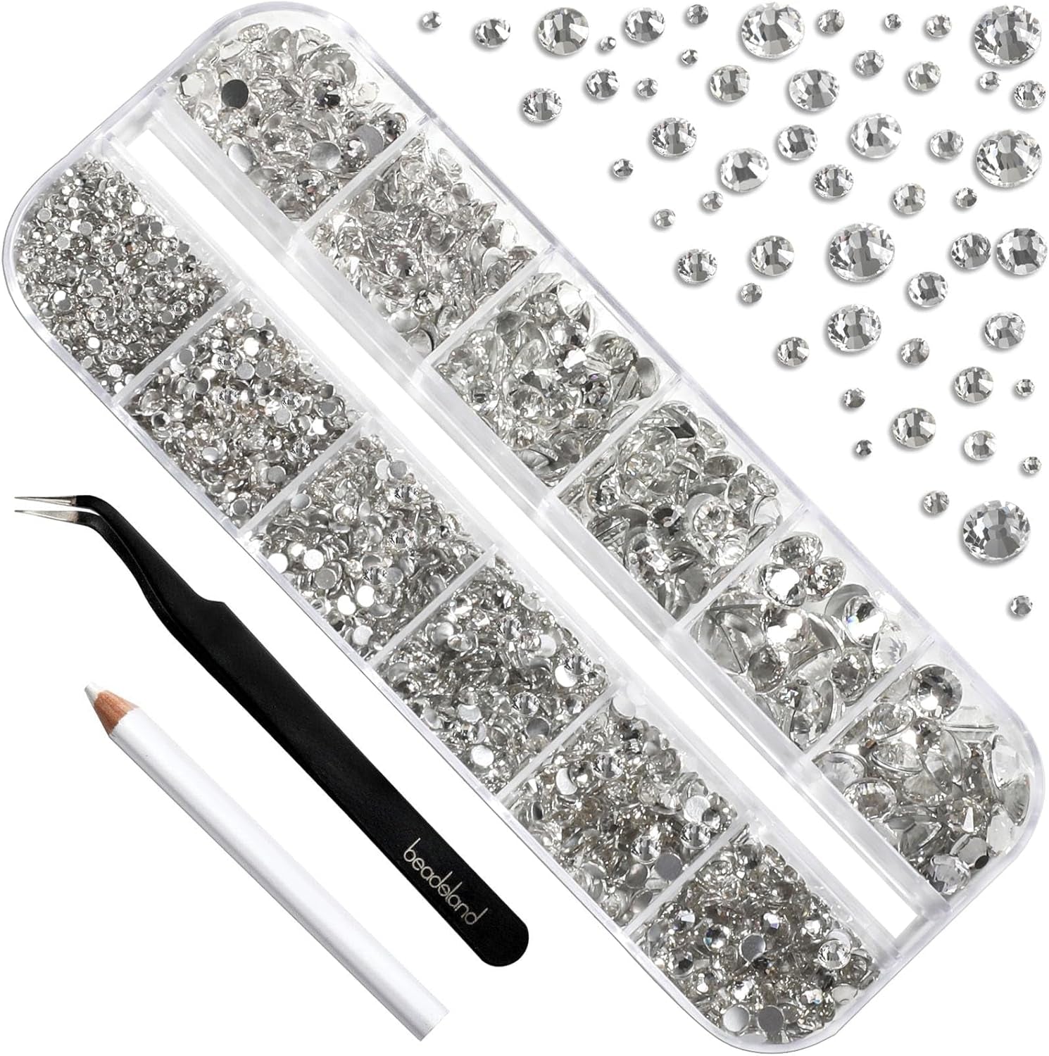 Beadsland 2500 Stück Glas Nailart Strasssteine ​​​​Kristall Flatback Edelsteine ​​​​Runde, ​​Für Handwerk Gemischt 8 Größen SS4 ~ SS30 Mit Picking Pinzette Und Stift (Kristall Weiß)