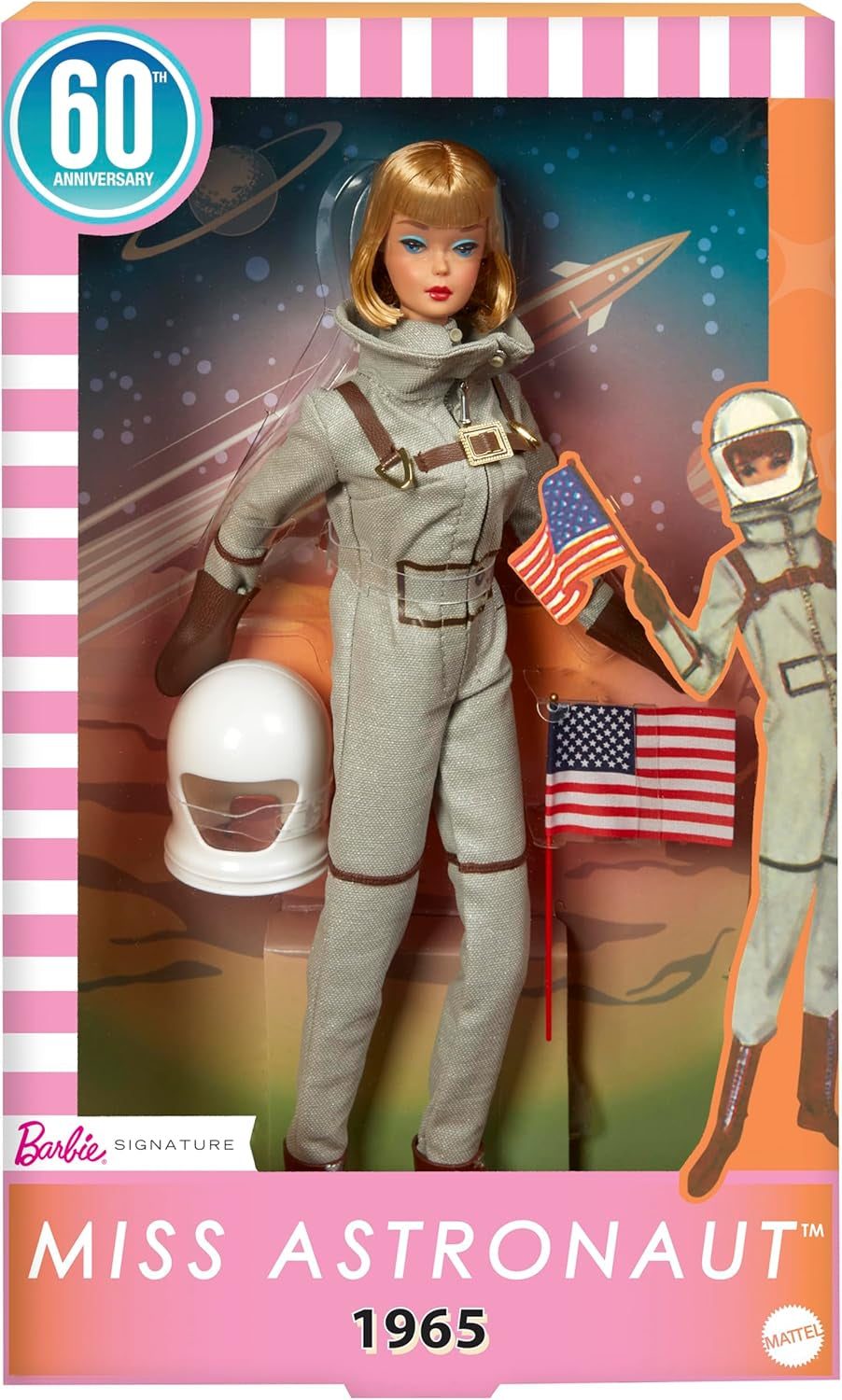 Mattel Barbie Miss Astronaut Sammlerpuppe mit silbernem Anzug, Weltraumstiefeln und Helmzubehör, Vintage-Reproduktion des Originals von 1965, JBJ48 Naty Shop Dolls Standardtitel