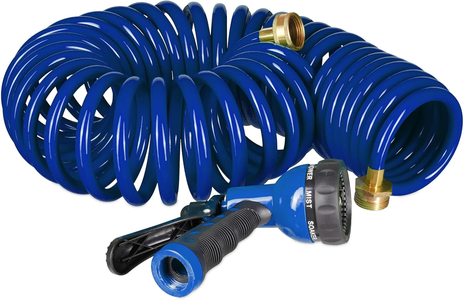 Relaxdays Spiralschlauch, ausziehbar bis 10 m, flexibler Gartenschlauch mit Wasserbrause, 7 Sprühmuster, blau, 25 x 52 x 15 cm