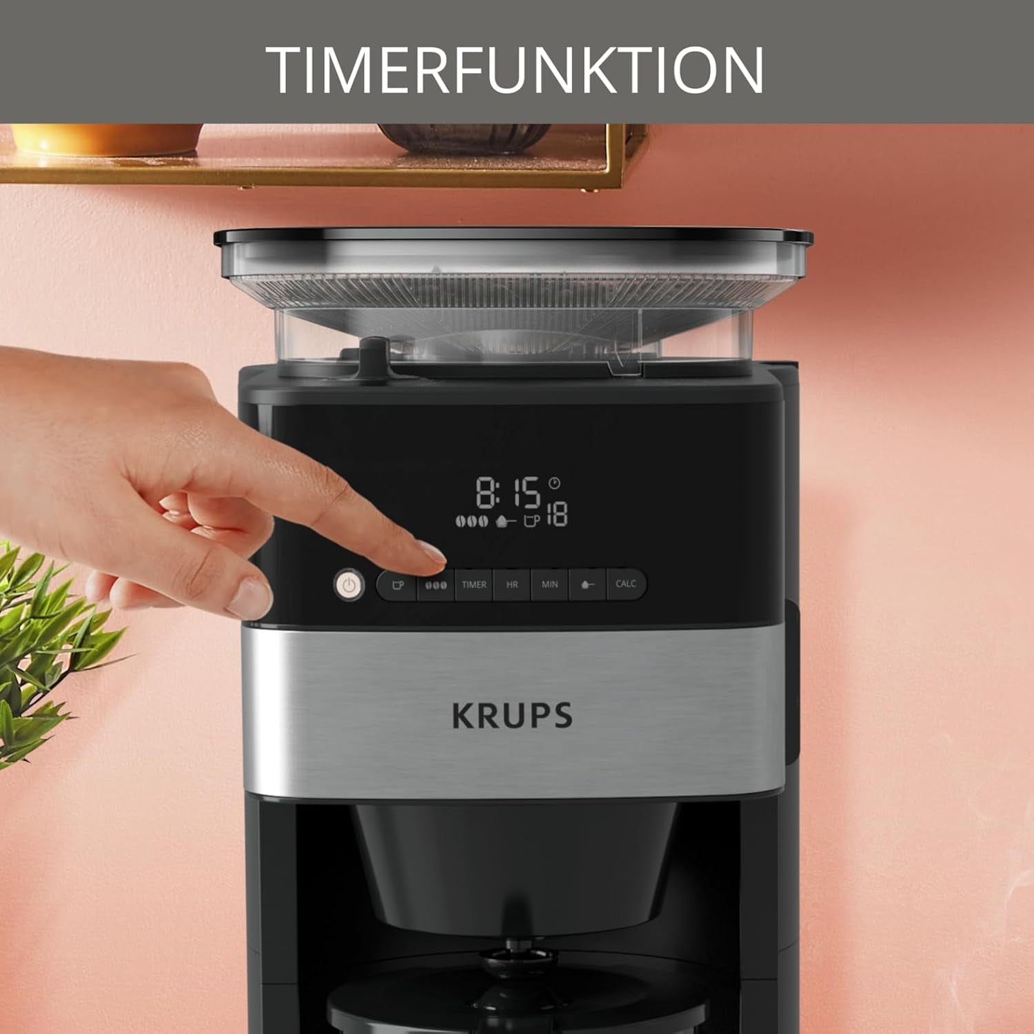 Krups Espressomaschine KM8328 Mahlen mit Mahlwerk | 24-Stunden-Timer | Getreidebehälter 180 g | Fassungsvermögen 1,25 l für bis zu 15 Tassen Kaffee | Automatische Abschaltfunktion | 3 Mahlgradeinstellungen | Schwarz
