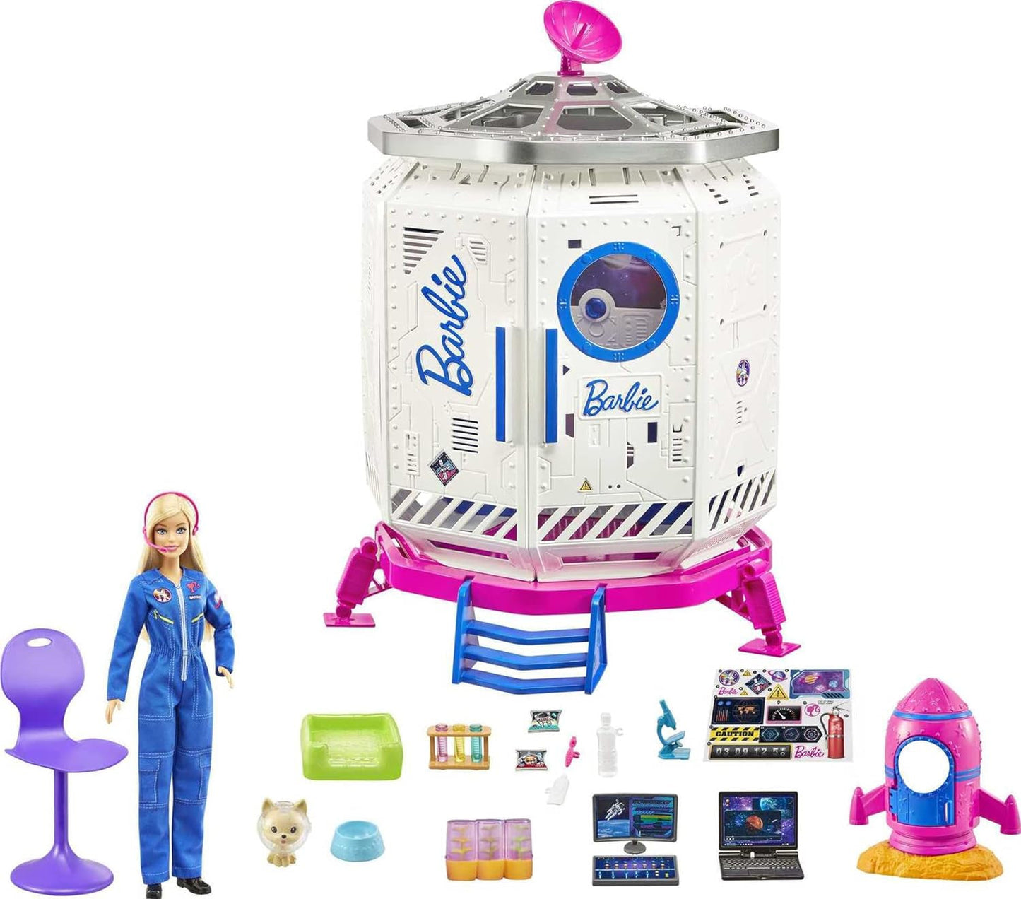 Barbie GXF27 – Raumstation, Weltraumabenteuer, Weltraumpuppe, Welpe, Arbeitsplatz, Weltraumszenen, 20 Zubehörteile, Geschenkspielzeug für Kinder ab 3 Jahren