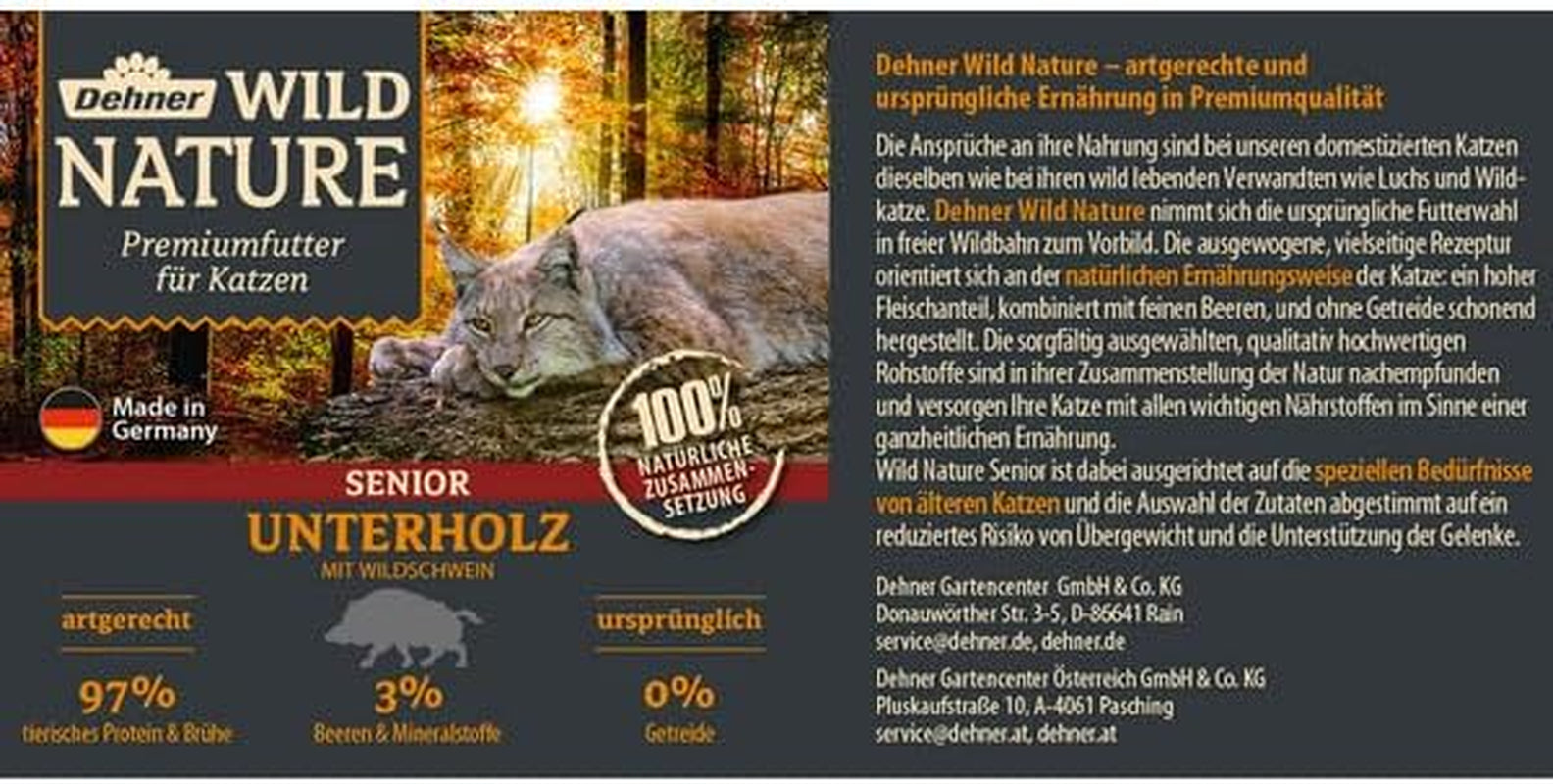 Dehner Wild Nature Katzenfutter Unterholz, Nassfutter getreidefrei / zuckerfrei, für ältere Katzen, Wildschwein, 6 x 400 g Dose, (2,4 kg)