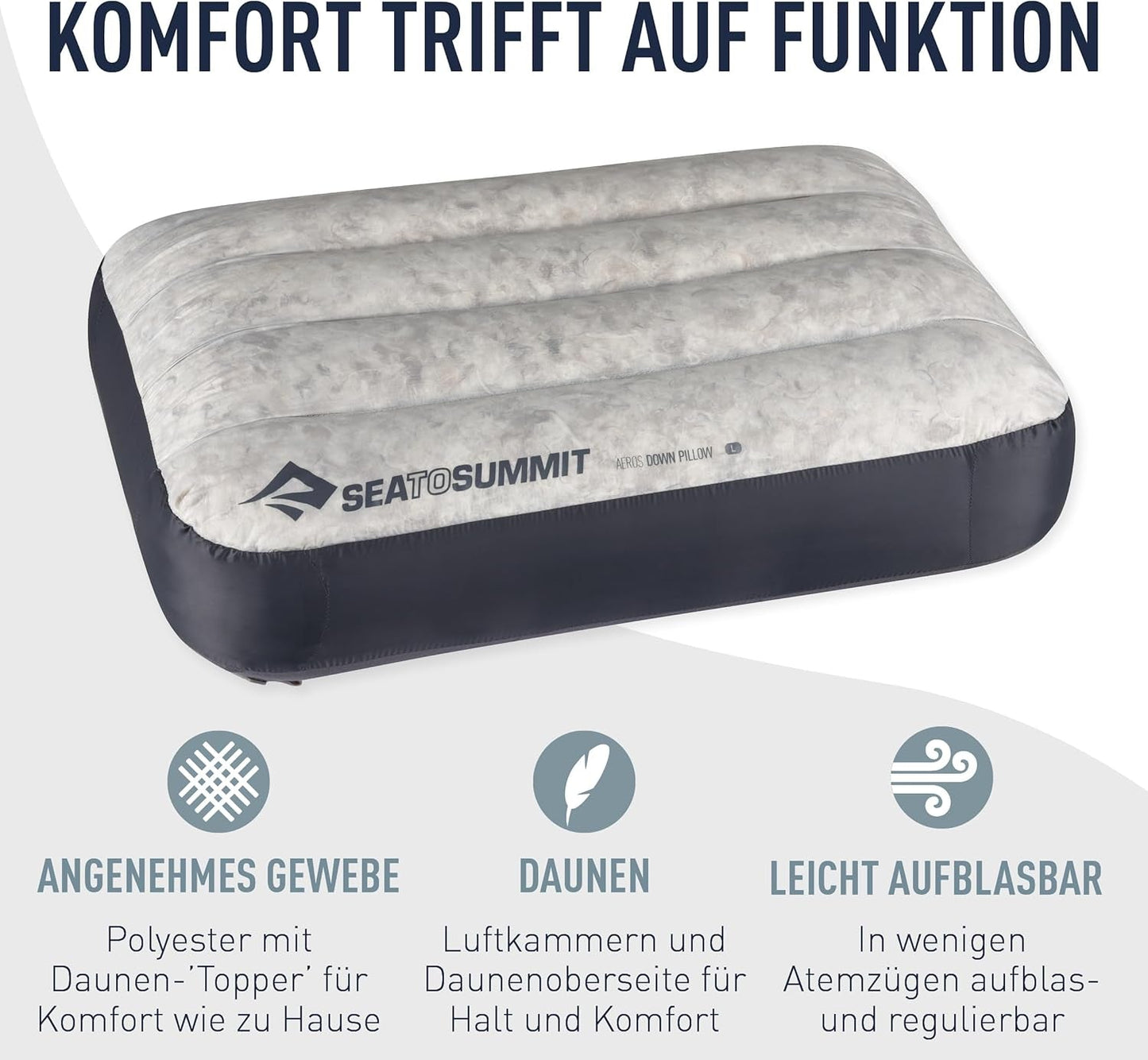 Sea to Summit – Eros Daunen-Reisekissen L – Ultraleicht und aufblasbar – 10D-Material – Premium-Daunenkissen – rutschfest – zum Wandern und Camping – 42 x 28 x 12 cm – Grau – 95 g Naty Shop Reisekissen