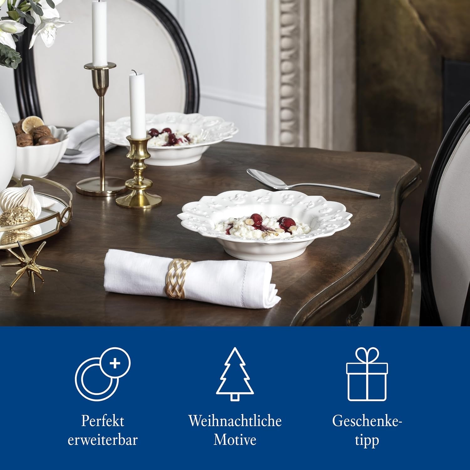Villeroy & Boch Toy's Delight Royal Classic 12-teiliges Geschirrset, spülmaschinen- und mikrowellengeeignet, weiß, Teller, 4-Personen-Geschirrset, Weihnachtsgeschirr, Spielzeug, Premium-Porzellan