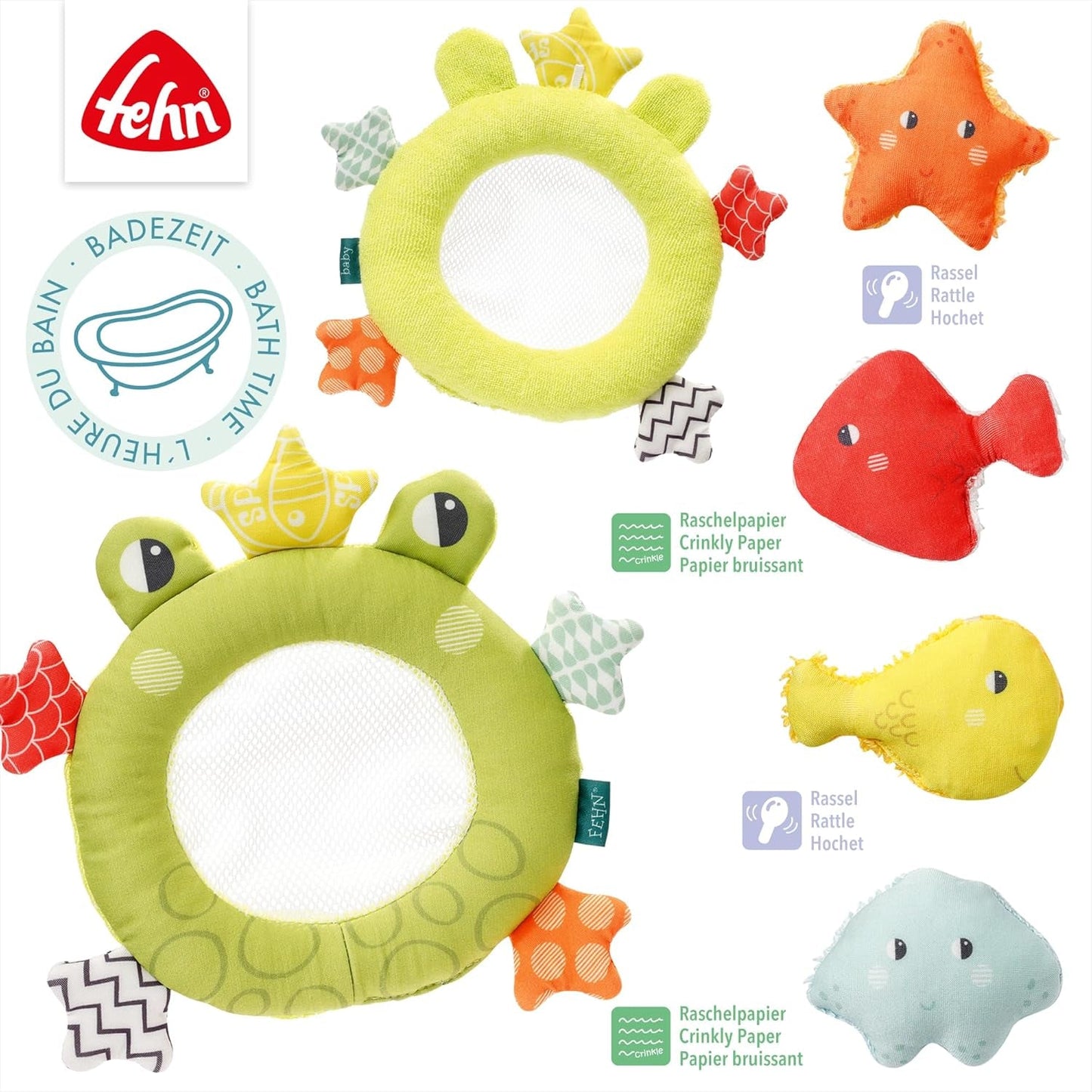 Fehn Badenetz Frosch – Baby-Badespielzeug für die Badewanne – Schwimmendes Wasserspielzeug für fröhlichen Badespaß – Badespielzeug für Babys und Kleinkinder ab 0+ Monaten Babyspielzeug Naty Shop