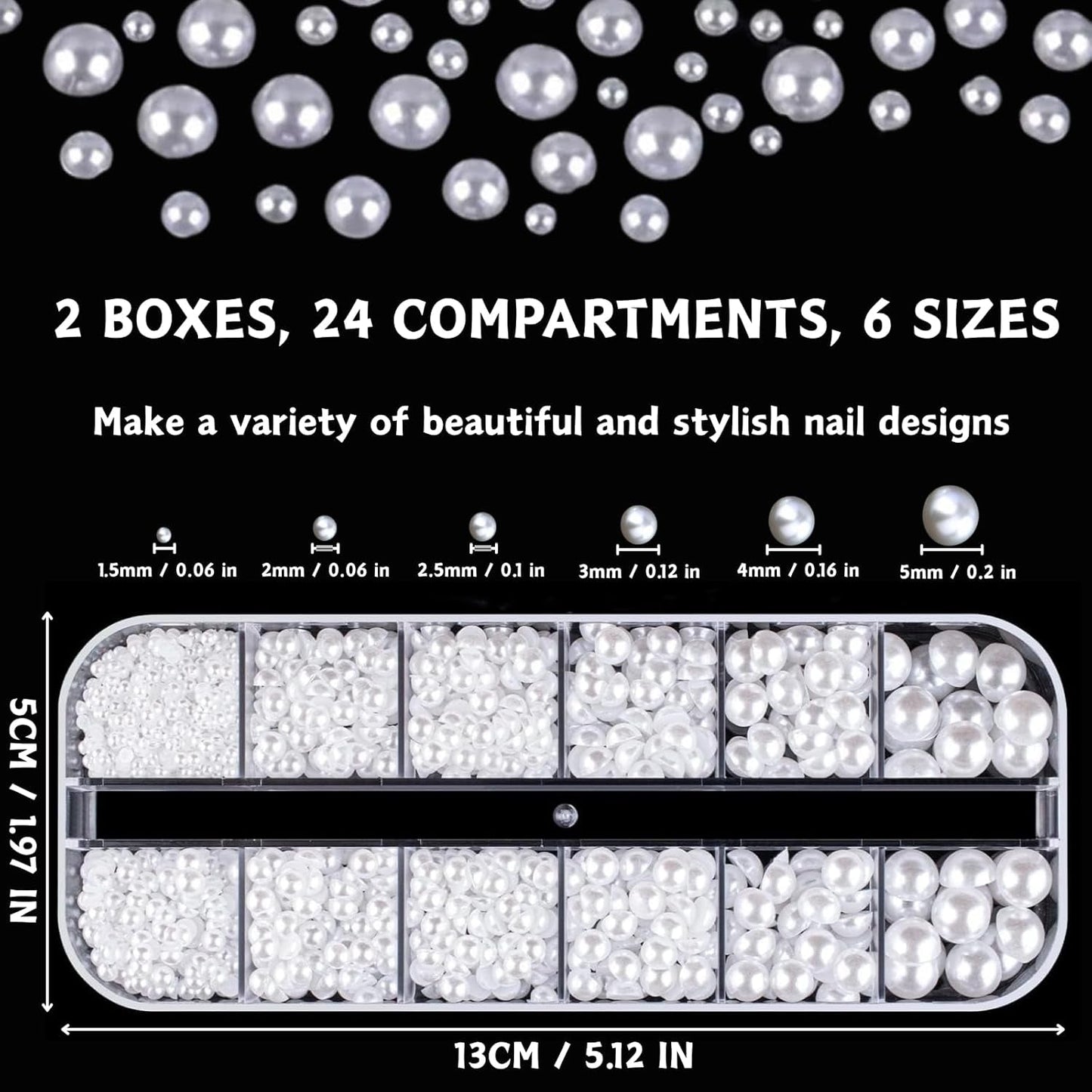 12 Größen Nail Art Perlen, Flache Perlen, Nail Art Accessoires, Halbkreis Nagelperlen, Weiße Nail Charms Und Glitzersteine ​​​​Nägel Für Nail Art Design, DIY Basteln, Alltag, Hochzeit (2 Boxen)