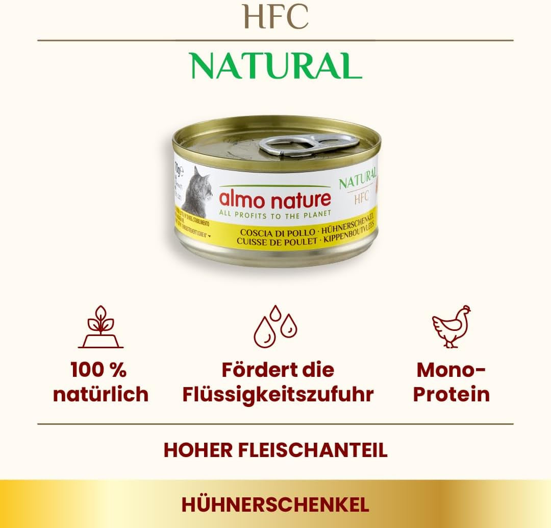 Almo Nature HFC Nasses natürliches Katzenfutter – Hähnchenschenkel, 24er-Pack (24 x 70 g)