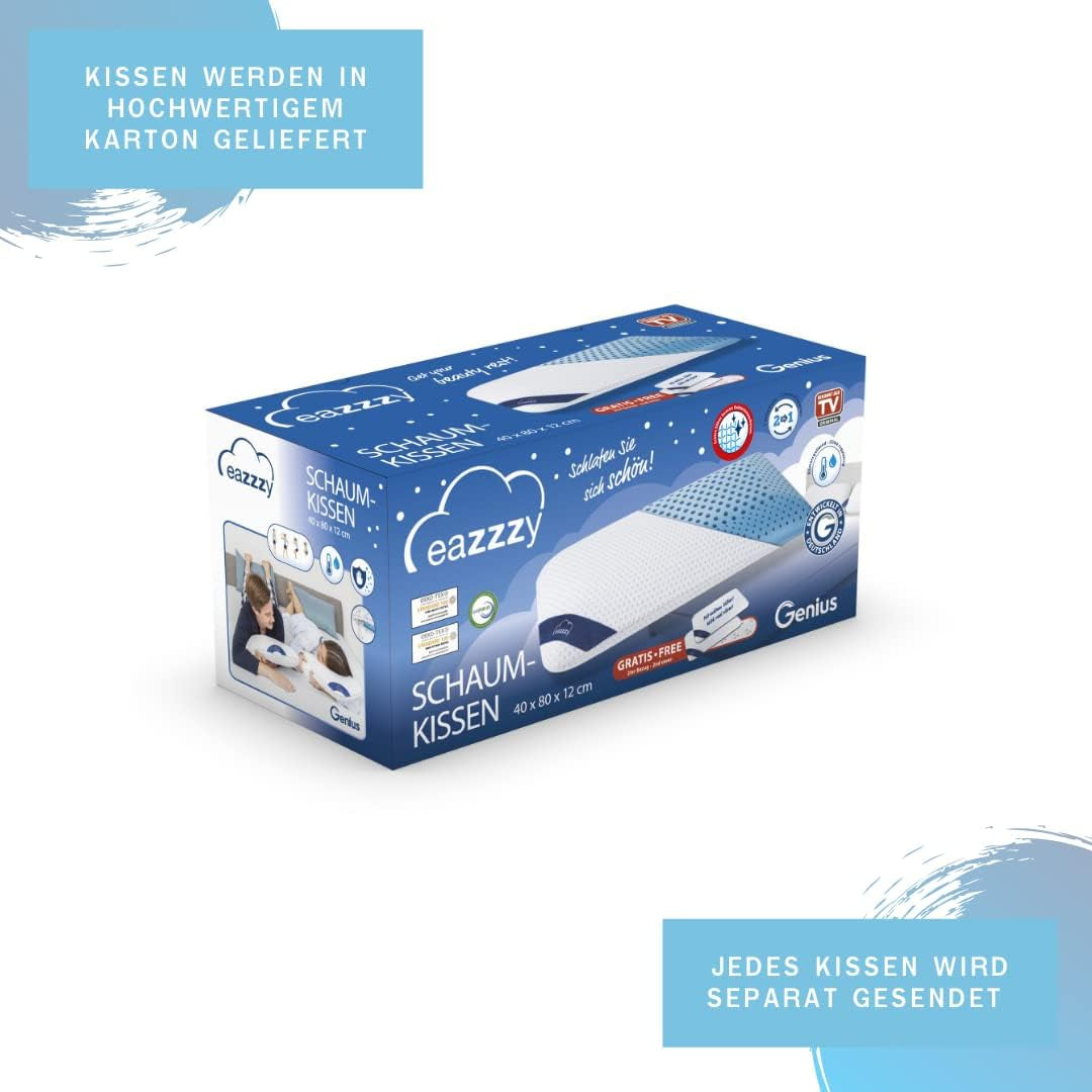 Genius Eazzzy Schaumstoffkissen 40X80 cm Höhe 10 cm – Nackenstützkissen mit 2 Härtegraden + kühlendem Gelschaum – Schlafkissen für Seiten-, Rücken- und Bauchschläfer gegen Nackenschmerzen, Polyester Naty Shop Standardkissen