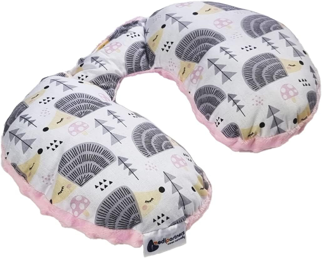 Medi Partners Baby-Nackenkissen, Nackenstütze, 100 % Baumwolle/Minky, Baby-Nackenkissen für Auto, Kinderwagen, Reisen, Reisen, Schlafen, Nackenkissen, Schlummerrolle (REH mit grauem Minky), zervikale orthopädische Kissen, Naty Shop, Igelgrau mit Minky, Hellrosa