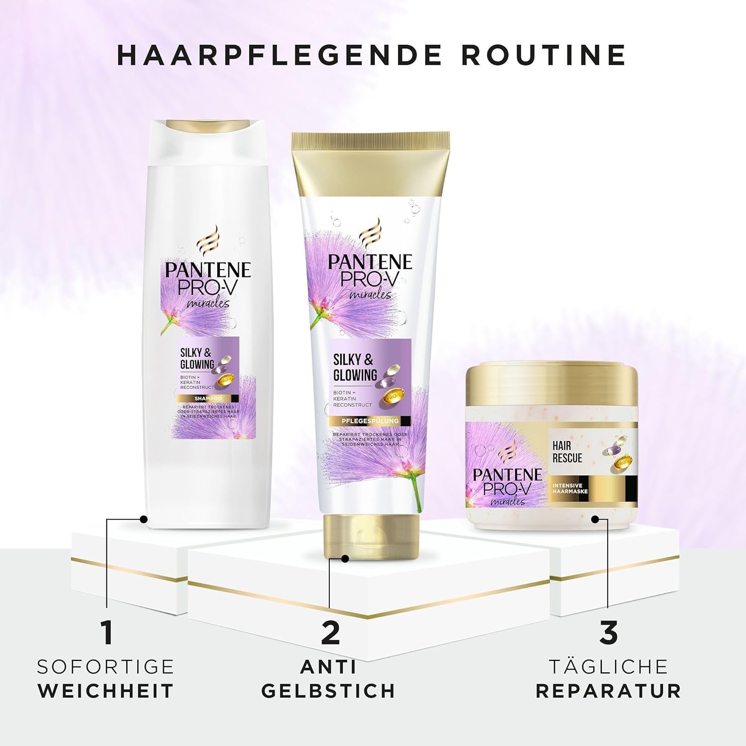 Pantene Pro-V Silky & Glowing Hair Rescue intensive Haarmaske mit Biotin und Keratin Reconstruct 300 ml. Hilft bei der Reparatur von trockenem, geschädigtem oder gesträhntem Haar. Naty Shop Haarmaske