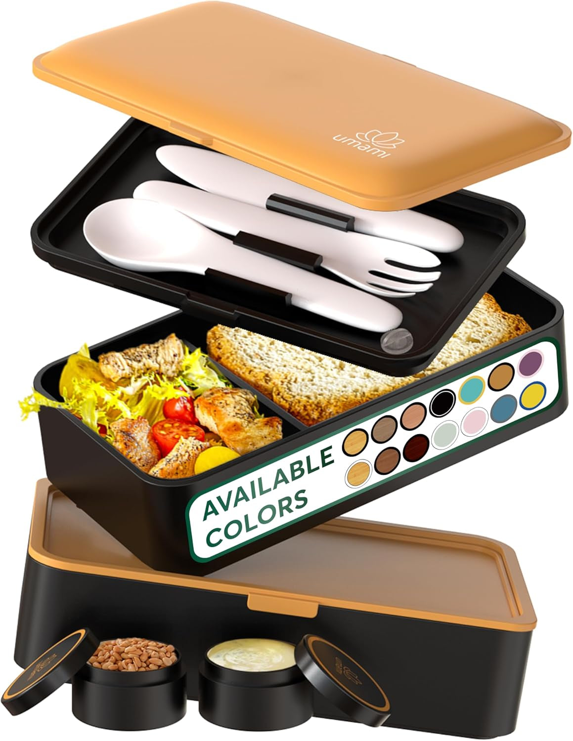 Umami Lunchbox für Erwachsene, auslaufsichere stapelbare Bento-Box mit 4 Besteck und Fächern, Lunchbox für Erwachsene, To-Go-Salatbehälter, Picknick-/Büro-Lunchbox, Anthrazit, 1500 ml
