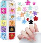 3D-Blumen-Nagel-Charms, 12 Gitter, Acrylharz-Blume und Gold-Silber-Perlen, Nagelsteine, Blumen-Gel-Nägel, Blumen-Nageldekorationen für Frauen und Mädchen, DIY-Maniküre-Zubehör