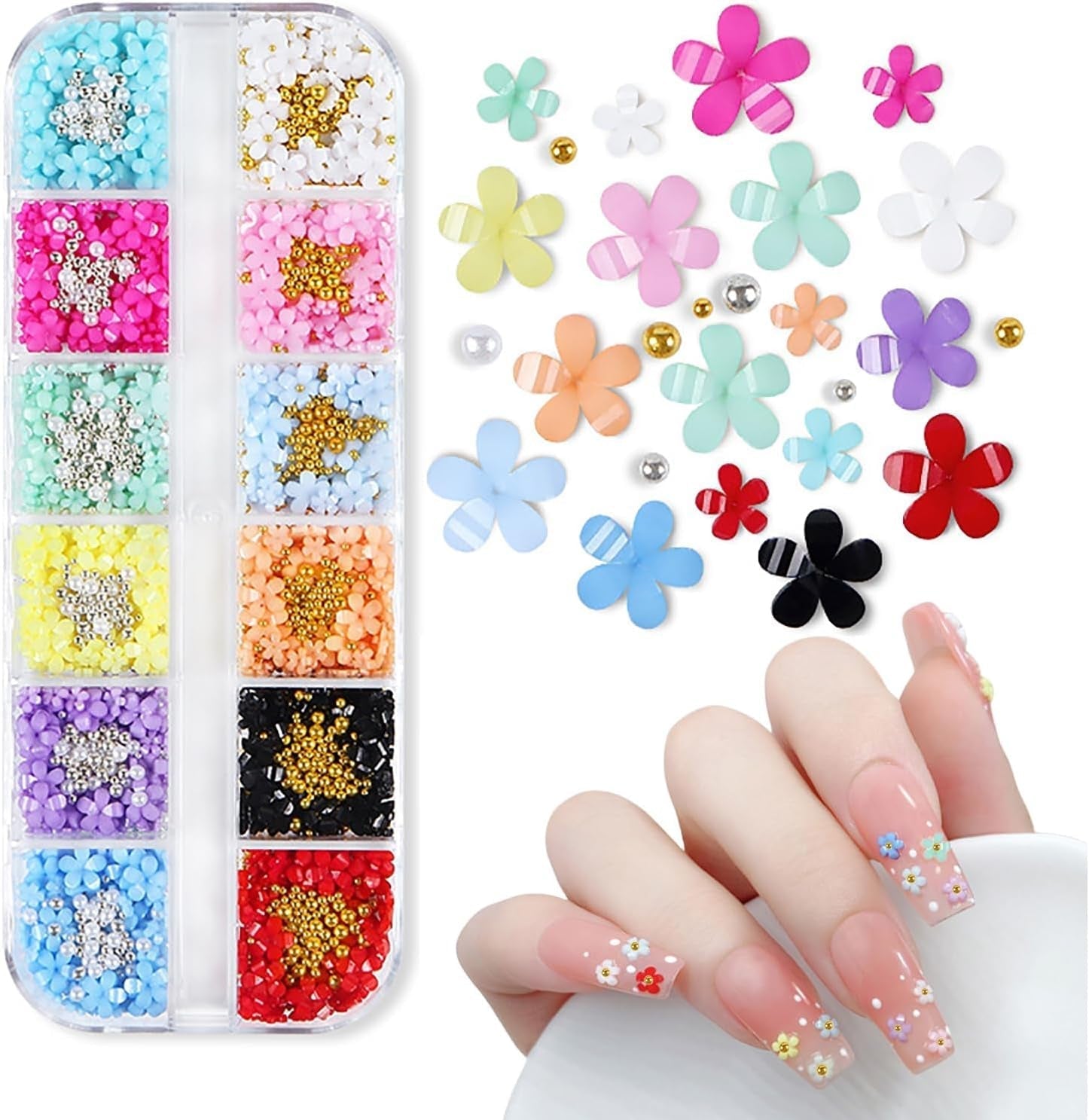 3D-Blumen-Nagel-Charms, 12 Gitter, Acrylharz-Blume und Gold-Silber-Perlen, Nagelsteine, Blumen-Gel-Nägel, Blumen-Nageldekorationen für Frauen und Mädchen, DIY-Maniküre-Zubehör