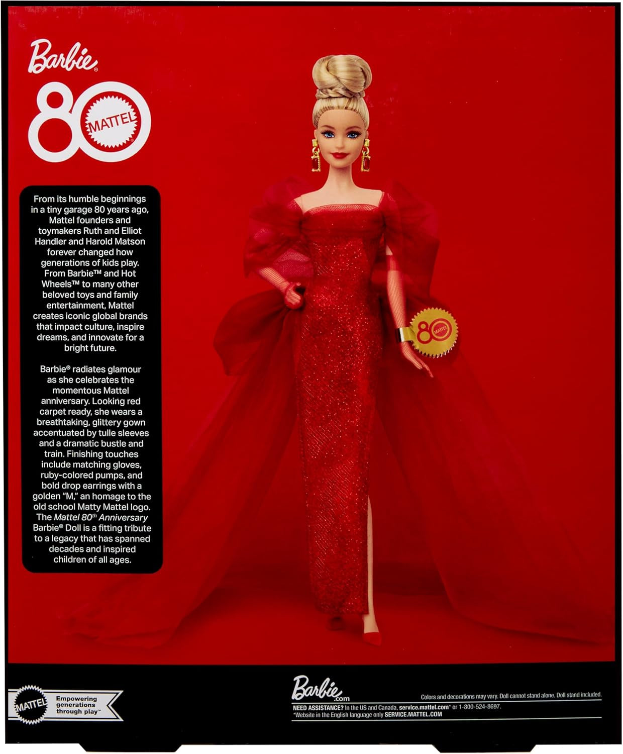 Barbie Signature-Puppe zum 80-jährigen Jubiläum von Mattel, Sammlerfigur in funkelndem roten Tüllkleid mit tropfenförmigen Ohrringen und zarten Handschuhen, blondes Haar, JBJ17