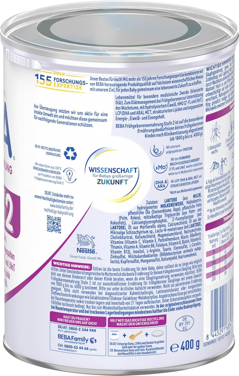 BEBA Frühgeborenennahrung Stufe 2 – Frühgeborene nach Krankenhausentlassung, Babynahrung, Babymilchpulver, 3er Pack (1 x 400 g)