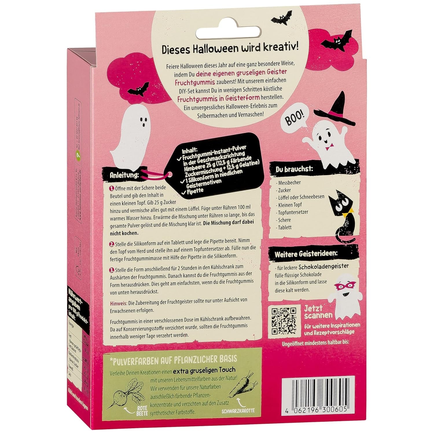 HEITMANN KREATIV – Kreatives Halloween-Fruchtkaugummi-Set – Pulverfarben auf Pflanzenbasis – Rosa – DIY-Fruchtkaugummis in Geisterform mit Himbeergeschmack