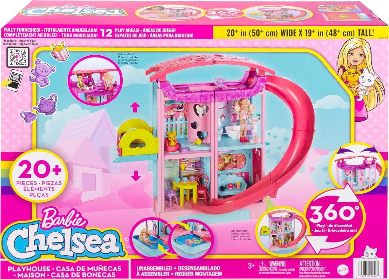 Barbie Chelsea Spielhaus – 3 verwandelnde Etagen, geheime Spielbereiche, Aufzug, Pool, Rutsche, 2 Haustiere und mehr als 20 Zubehörteile, ab 3 Jahren, HHX44