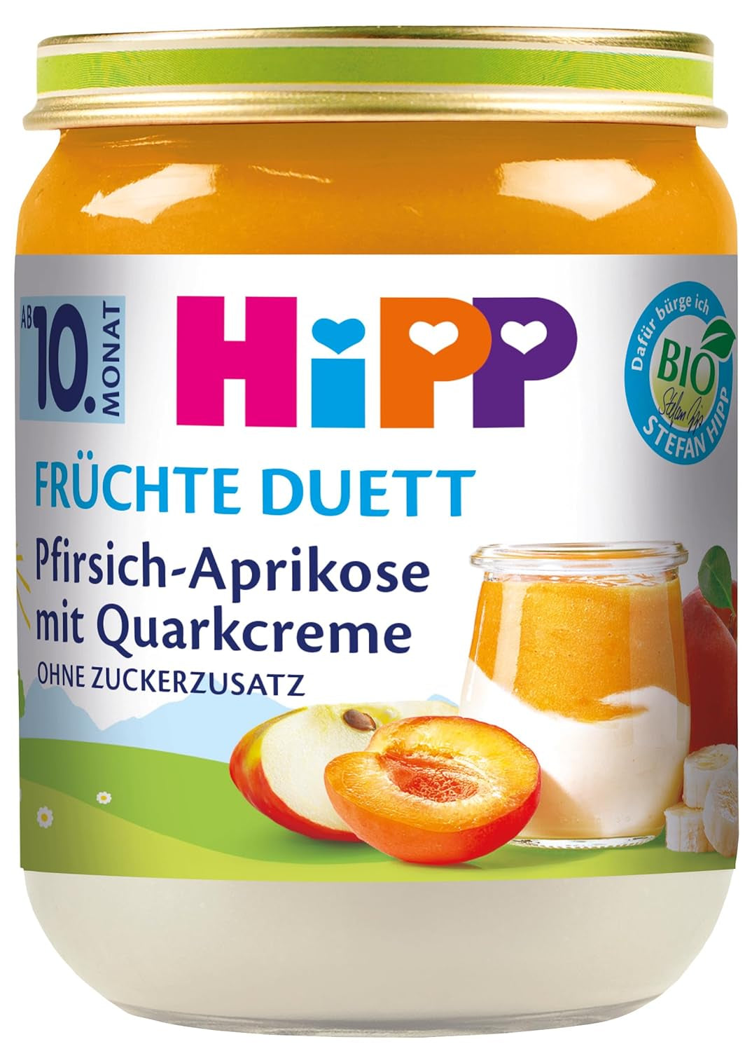 HiPP Pfirsiche-Aprikosen mit Quarkcreme, Fruchtduett ab 10 Monaten (6 x 160g), ohne Zuckerzusatz, glutenfrei, beste Bio-Qualität